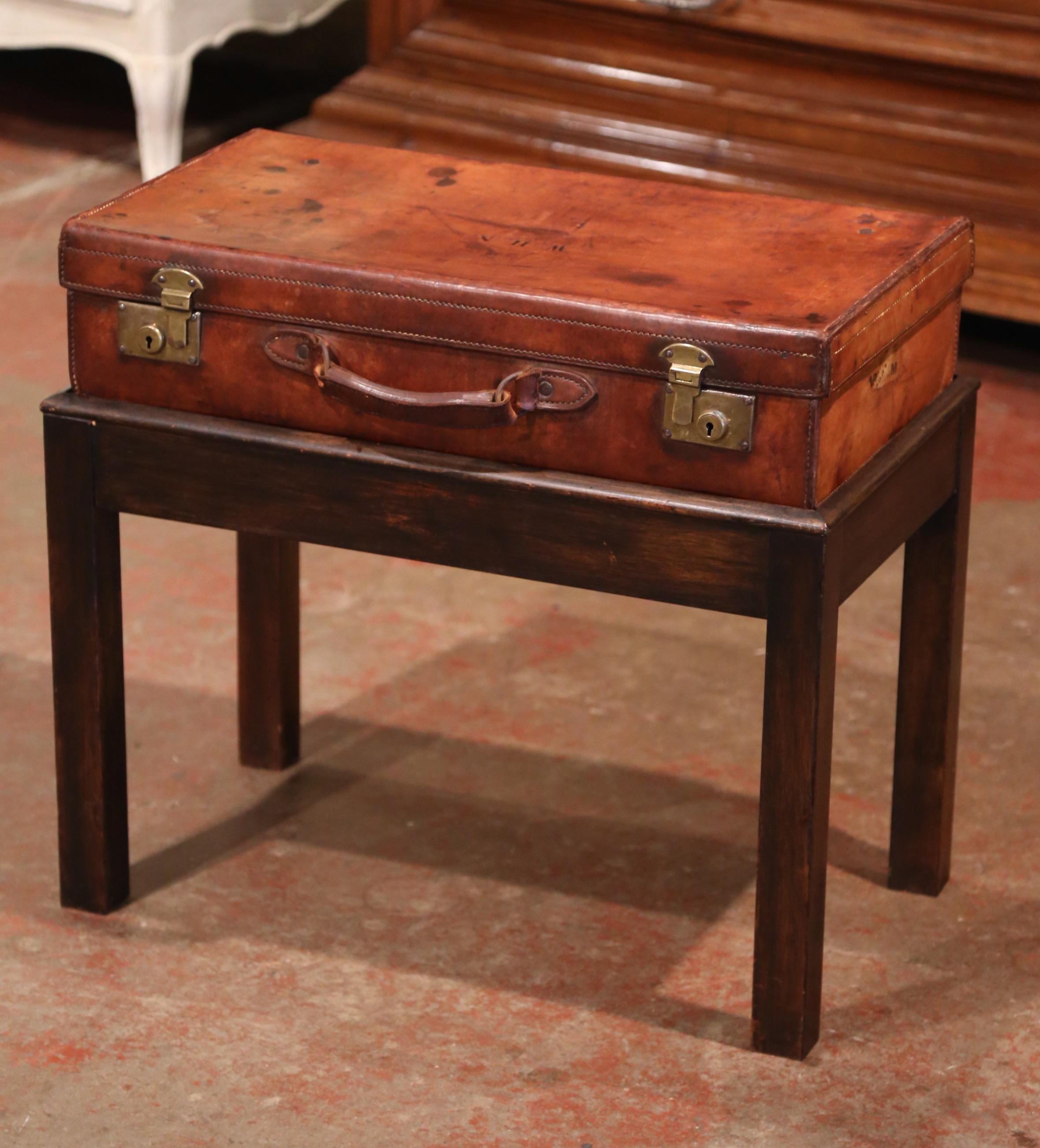 Louis XIII 19th Century French Leather Suitcase on Oak Stand Side Table