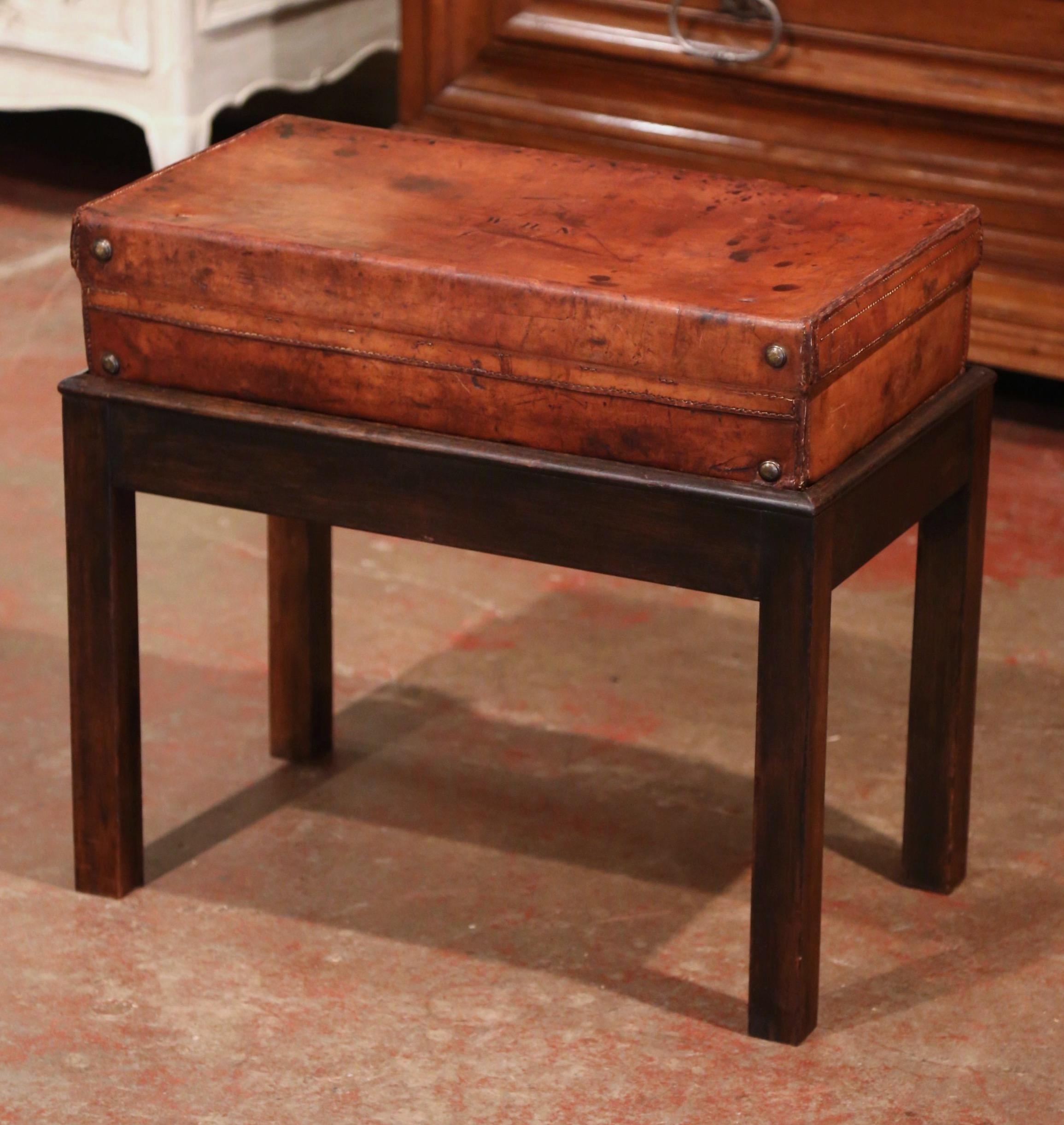 19th Century French Leather Suitcase on Oak Stand Side Table 1