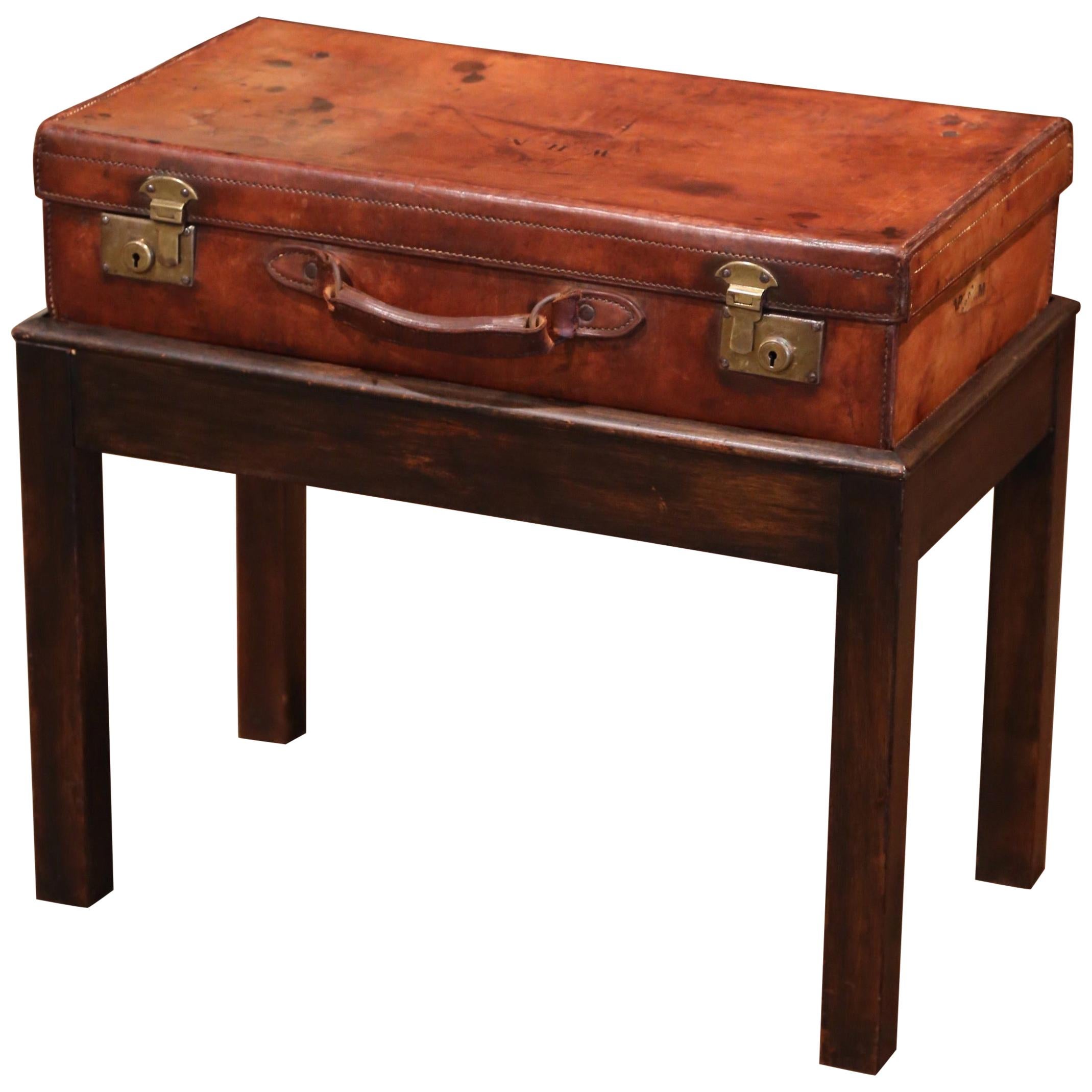 19th Century French Leather Suitcase on Oak Stand Side Table