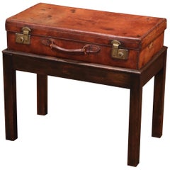 19th Century French Leather Suitcase on Oak Stand Side Table