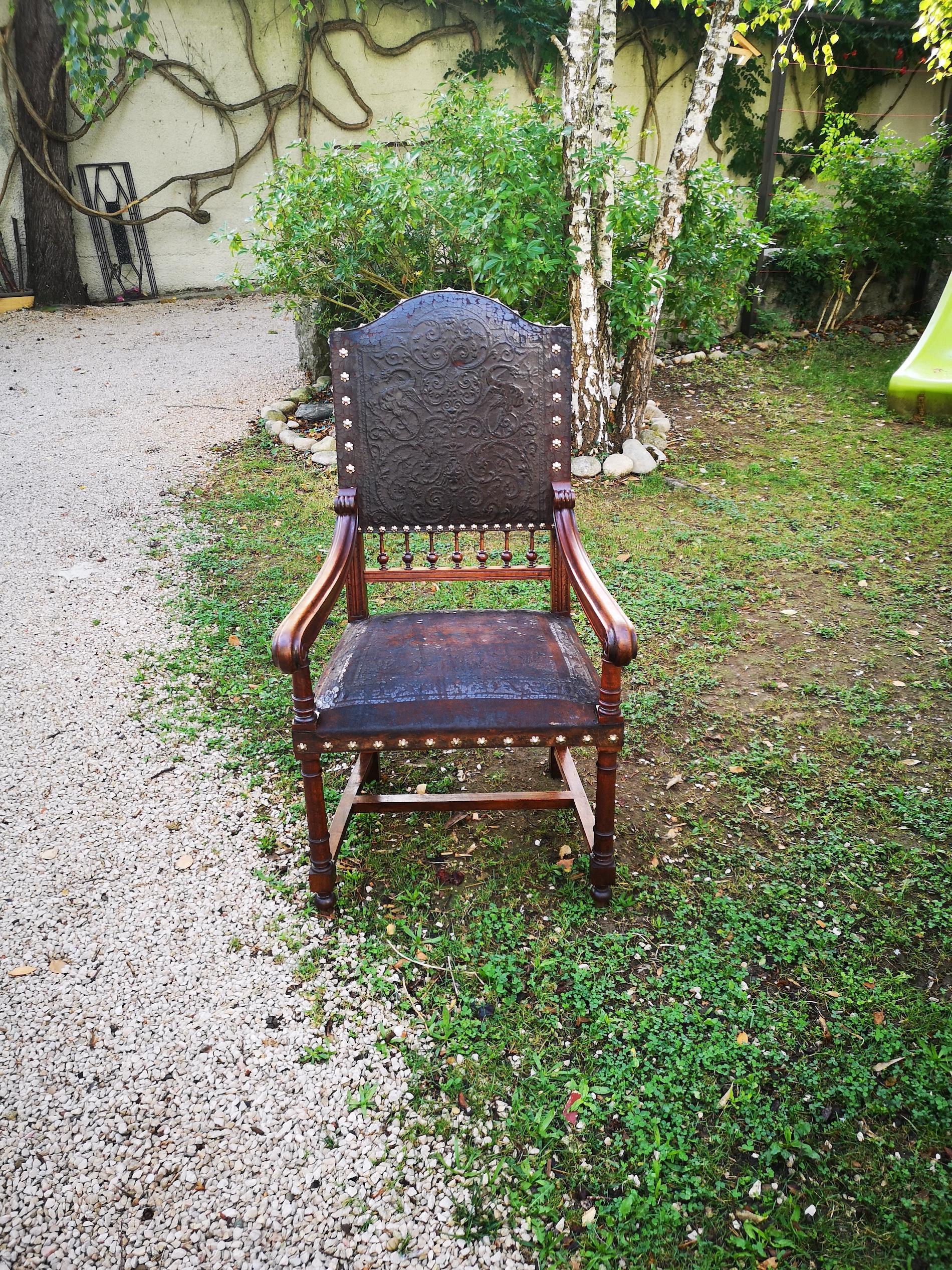 Gothic Revival 19th Century, French, Leather Throne Chair For Sale