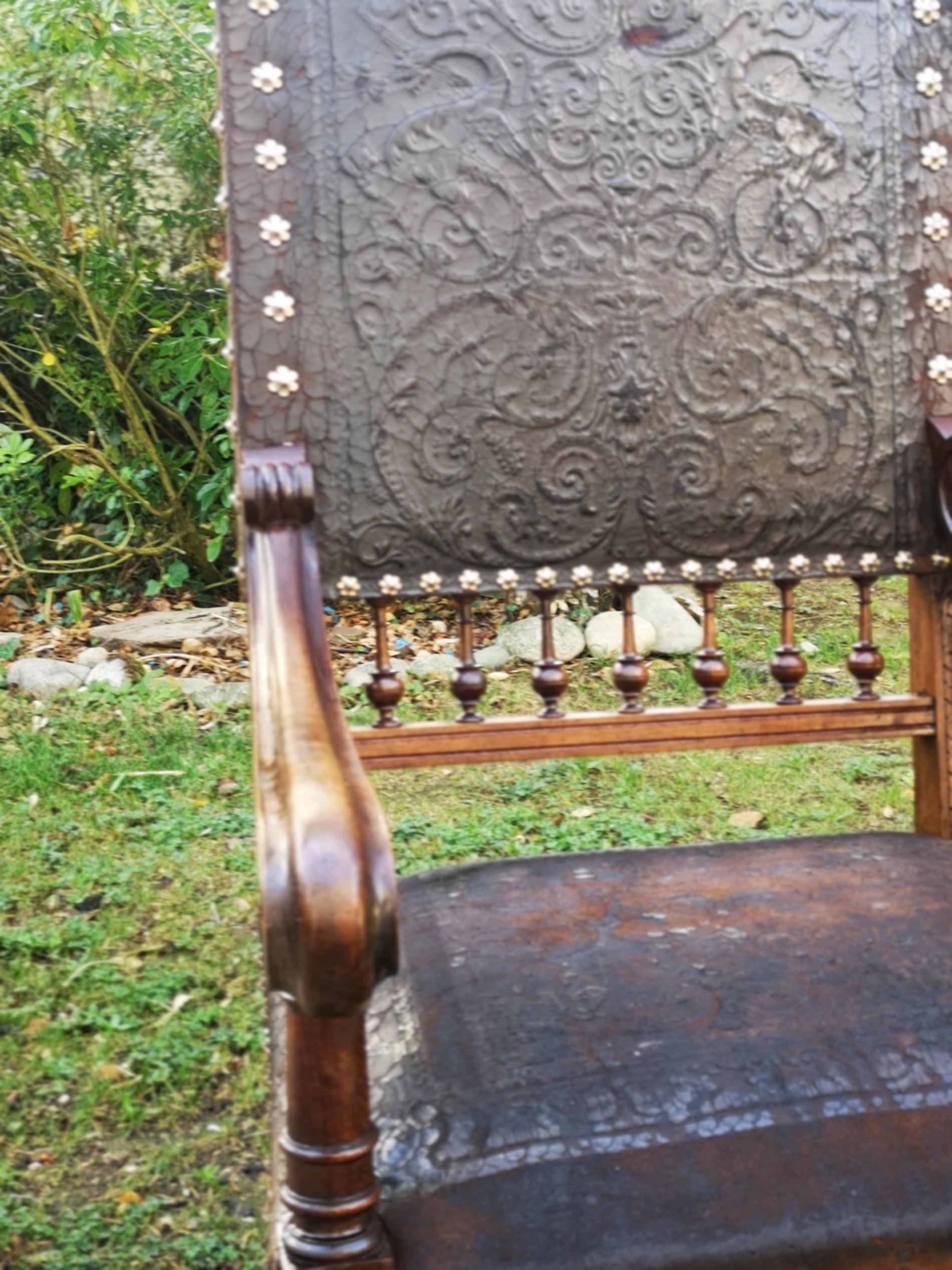 Carved 19th Century, French, Leather Throne Chair For Sale