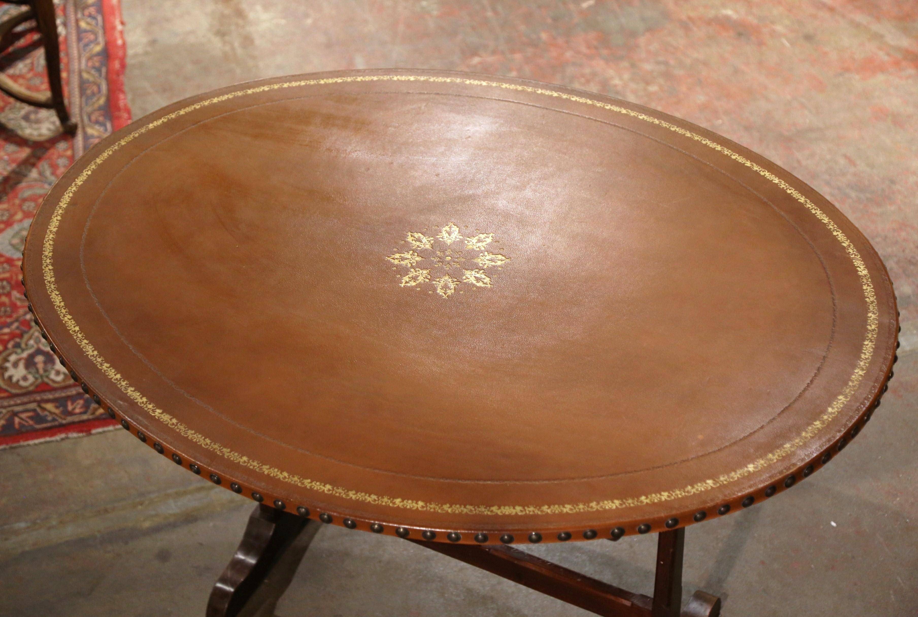 Country 19th Century French Leather Top Carved Walnut Tilt-Top Wine Tasting Table