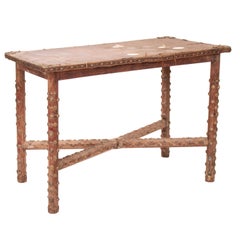 19th Century French Leather Top Wooden Table with Fleur-de-lis Nailhead Trim