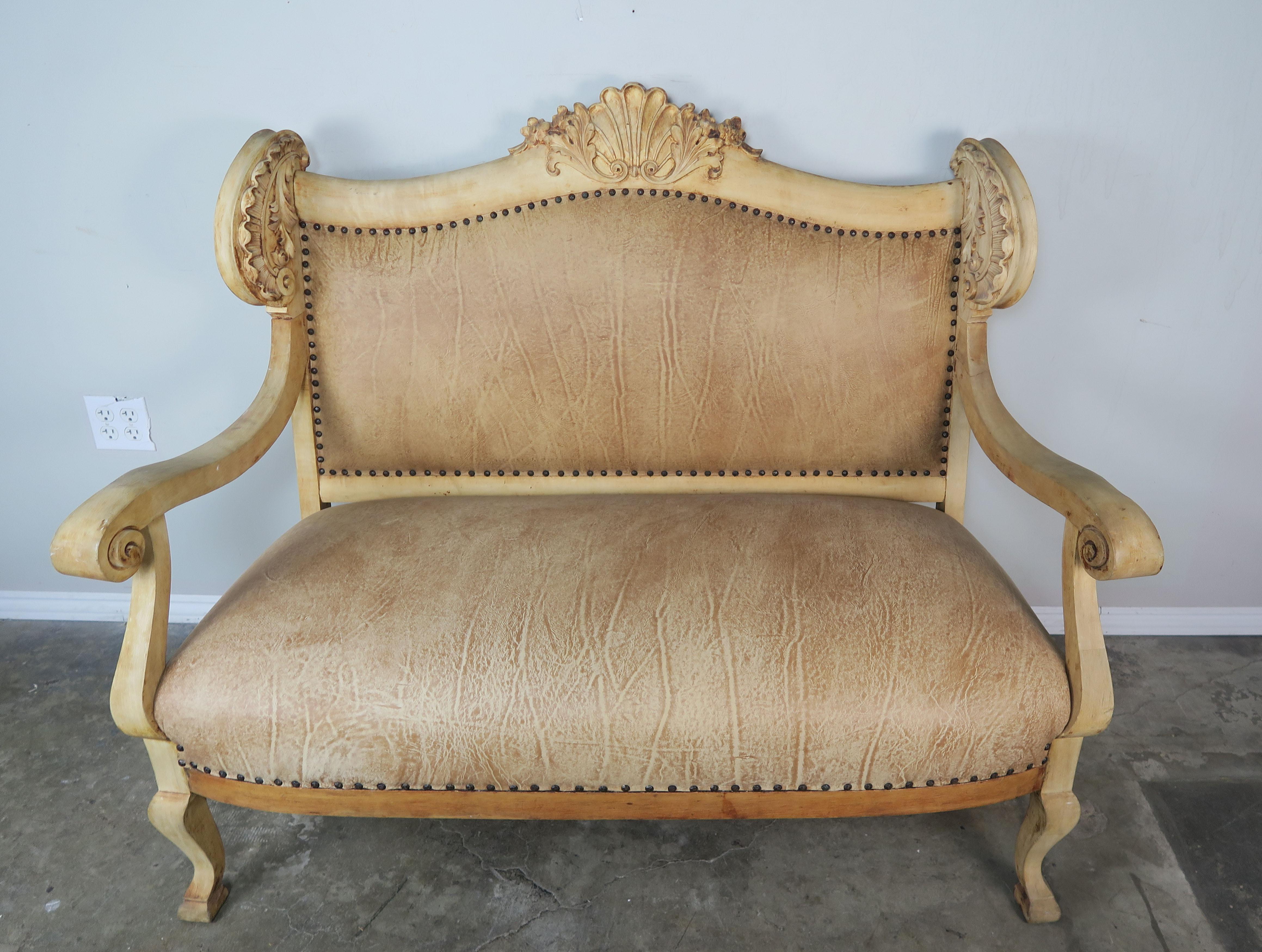 Louis XV 19th Century French Leather Upholstered Bench