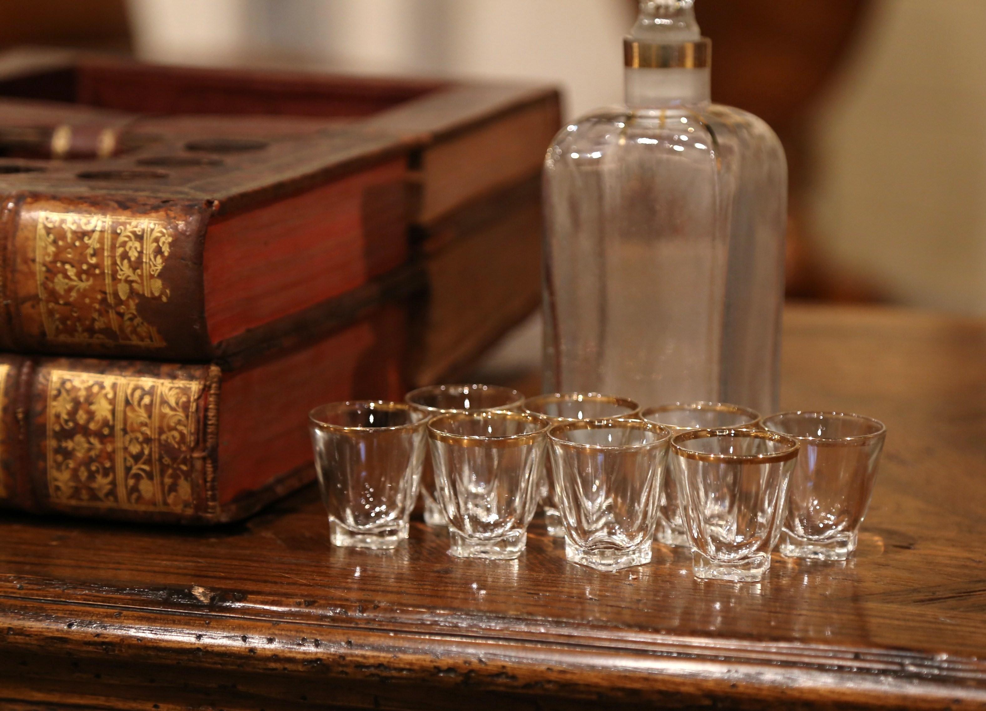 19th Century French Leather-Bound Book Liquor Box with 8 Shot Glasses and Carafe 4