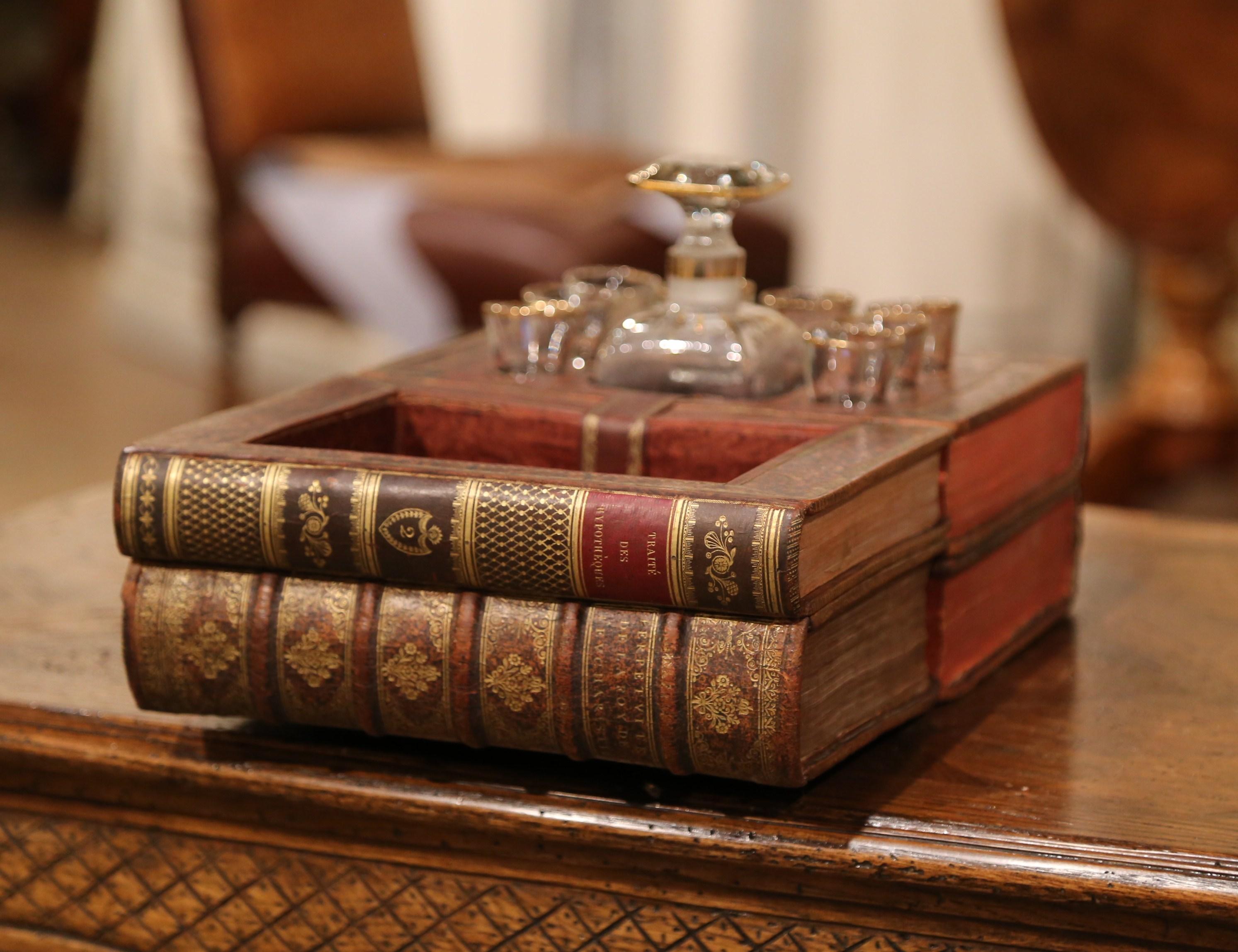 19th Century French Leather-Bound Book Liquor Box with 8 Shot Glasses and Carafe 6