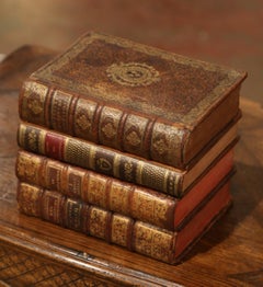 19th Century French Leather-Bound Book Liquor Box with 8 Shot Glasses and Carafe
