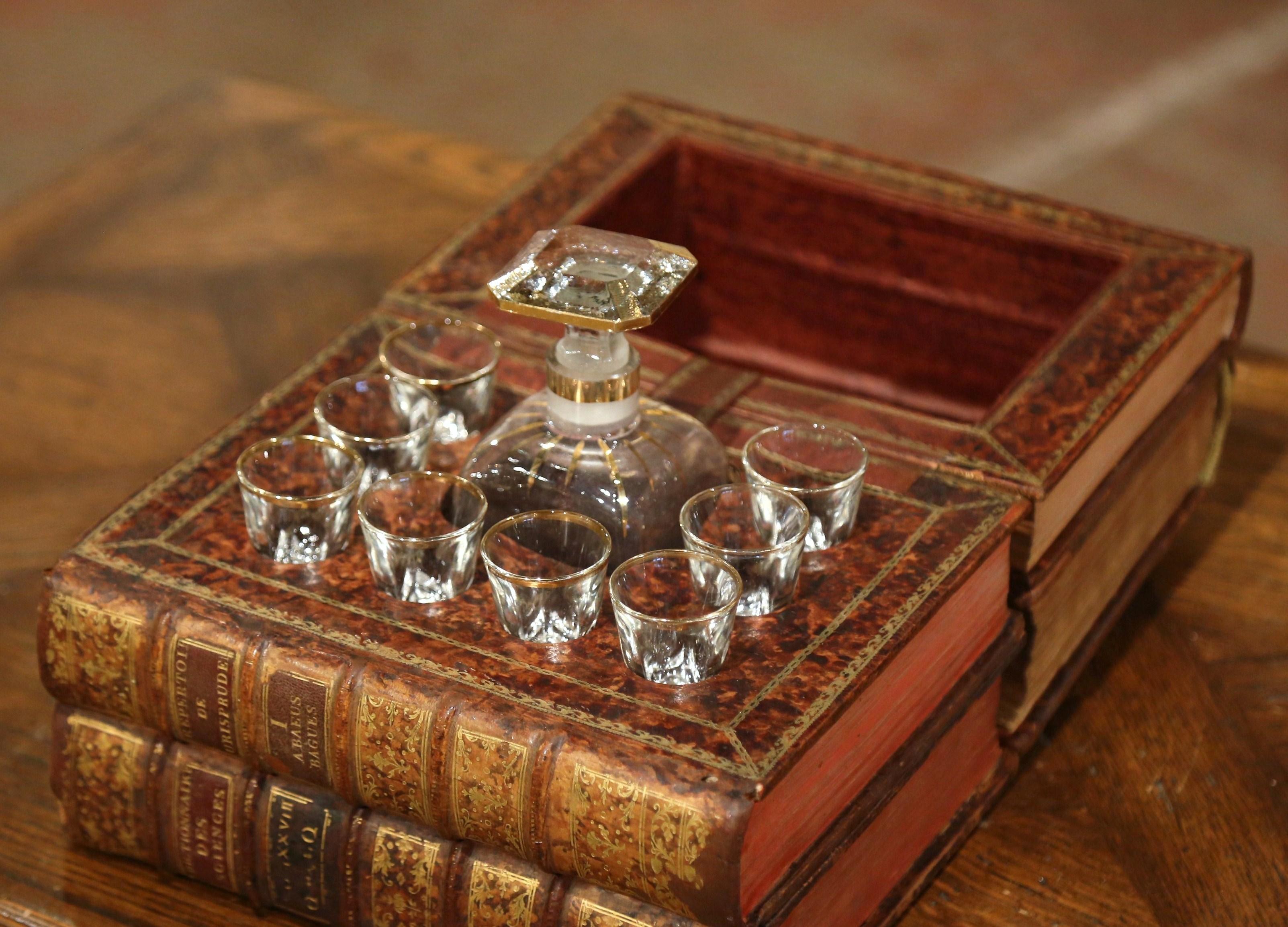 Gilt 19th Century French Leather-Bound Book Liquor Box with 8 Shot Glasses and Carafe