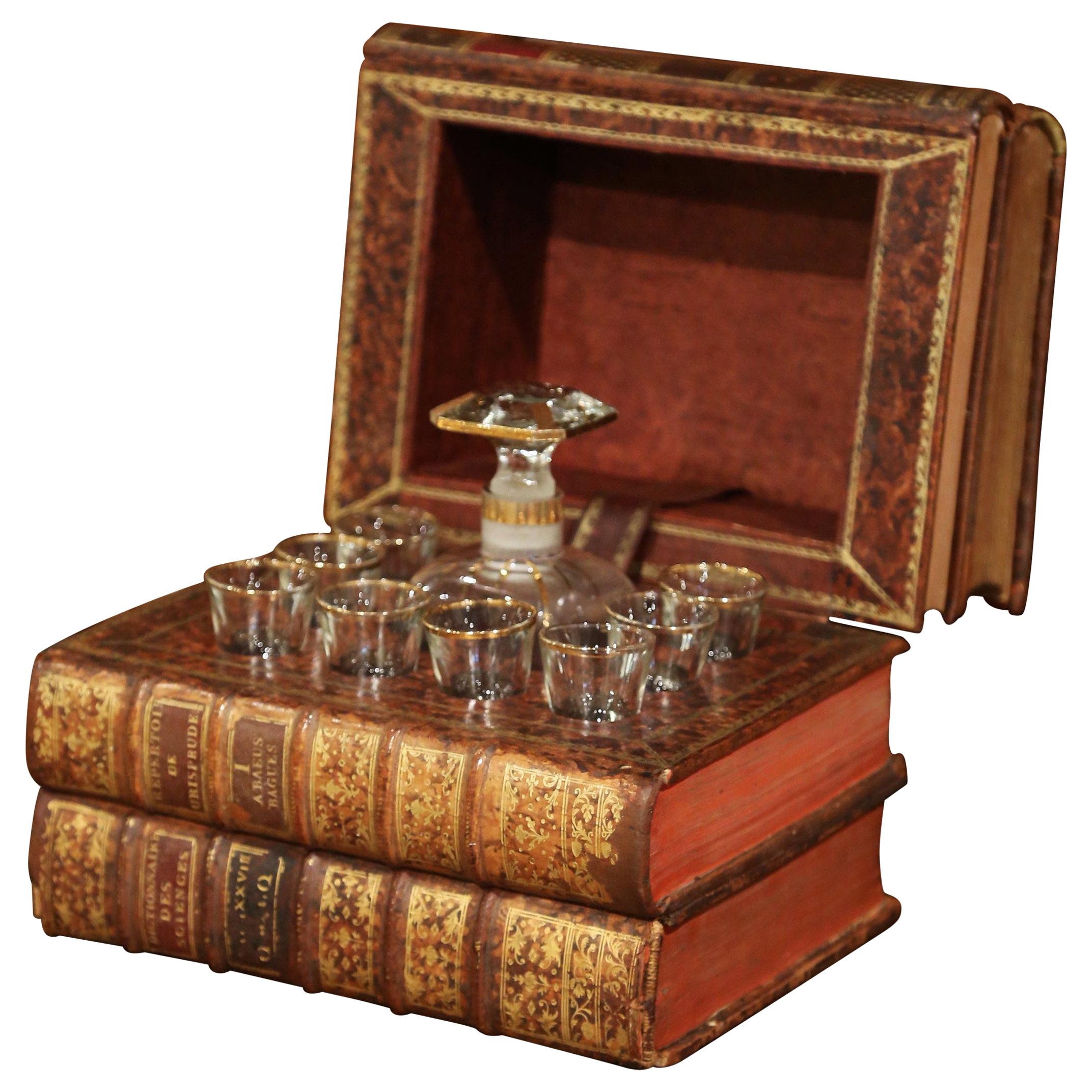 19th Century French Leather-Bound Book Liquor Box with 8 Shot Glasses and Carafe