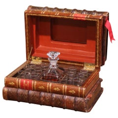 19th Century French Leatherbound Book Liquor Box with Shot Glasses and Carafe
