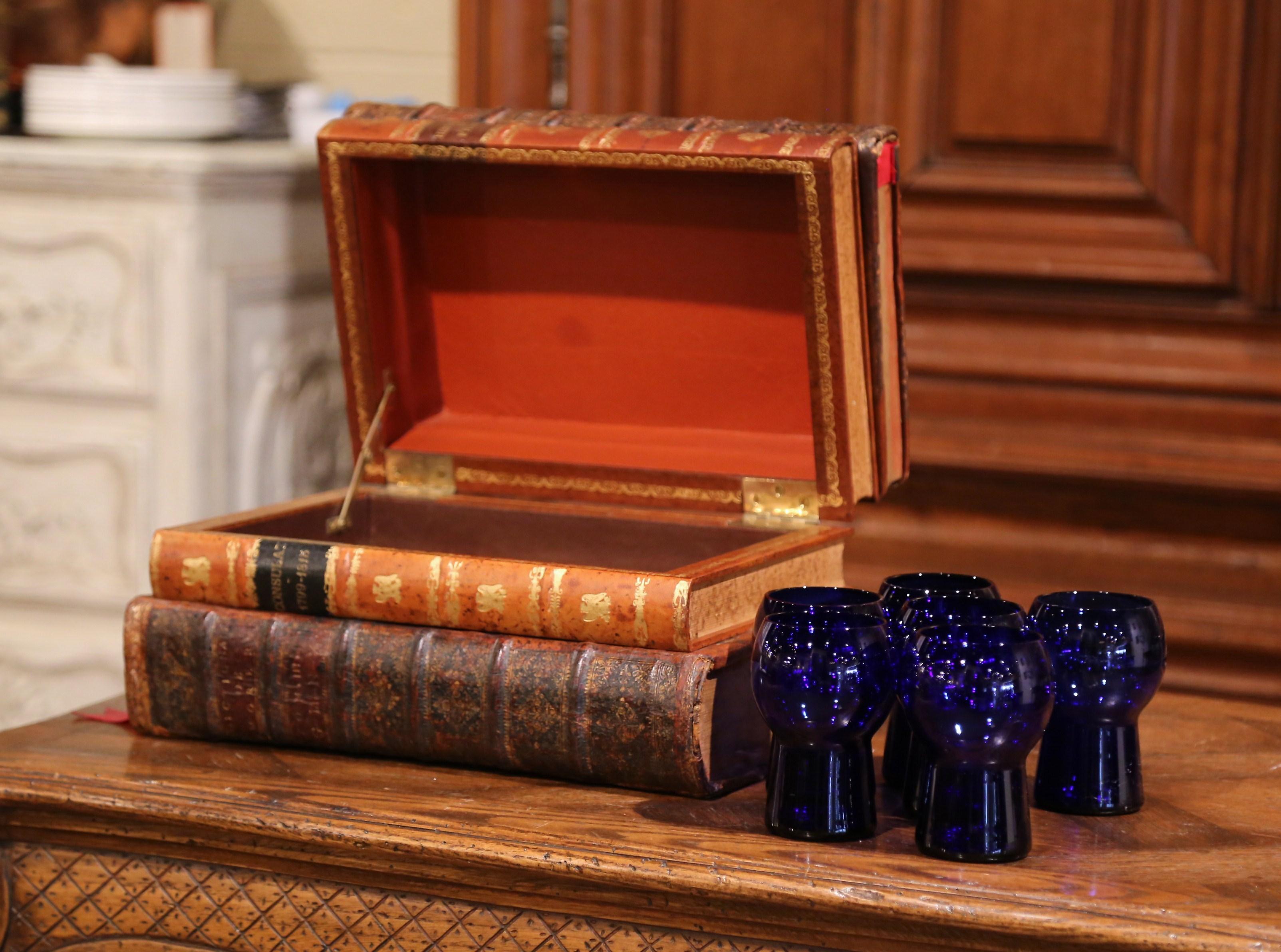 19th Century French Leatherbound Book Liquor Box with Six Cobalt Blue Tumblers 6