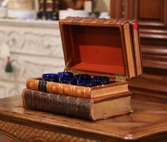 19th Century French Leatherbound Book Liquor Box with Six Cobalt Blue Tumblers
