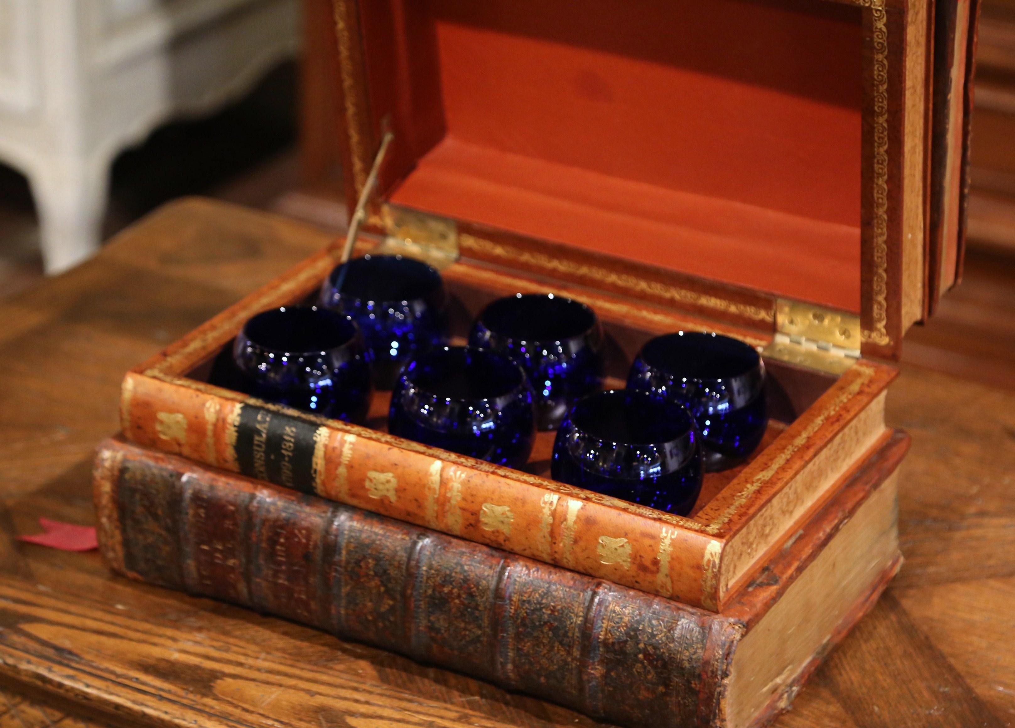19th Century French Leatherbound Book Liquor Box with Six Cobalt Blue Tumblers In Excellent Condition In Dallas, TX