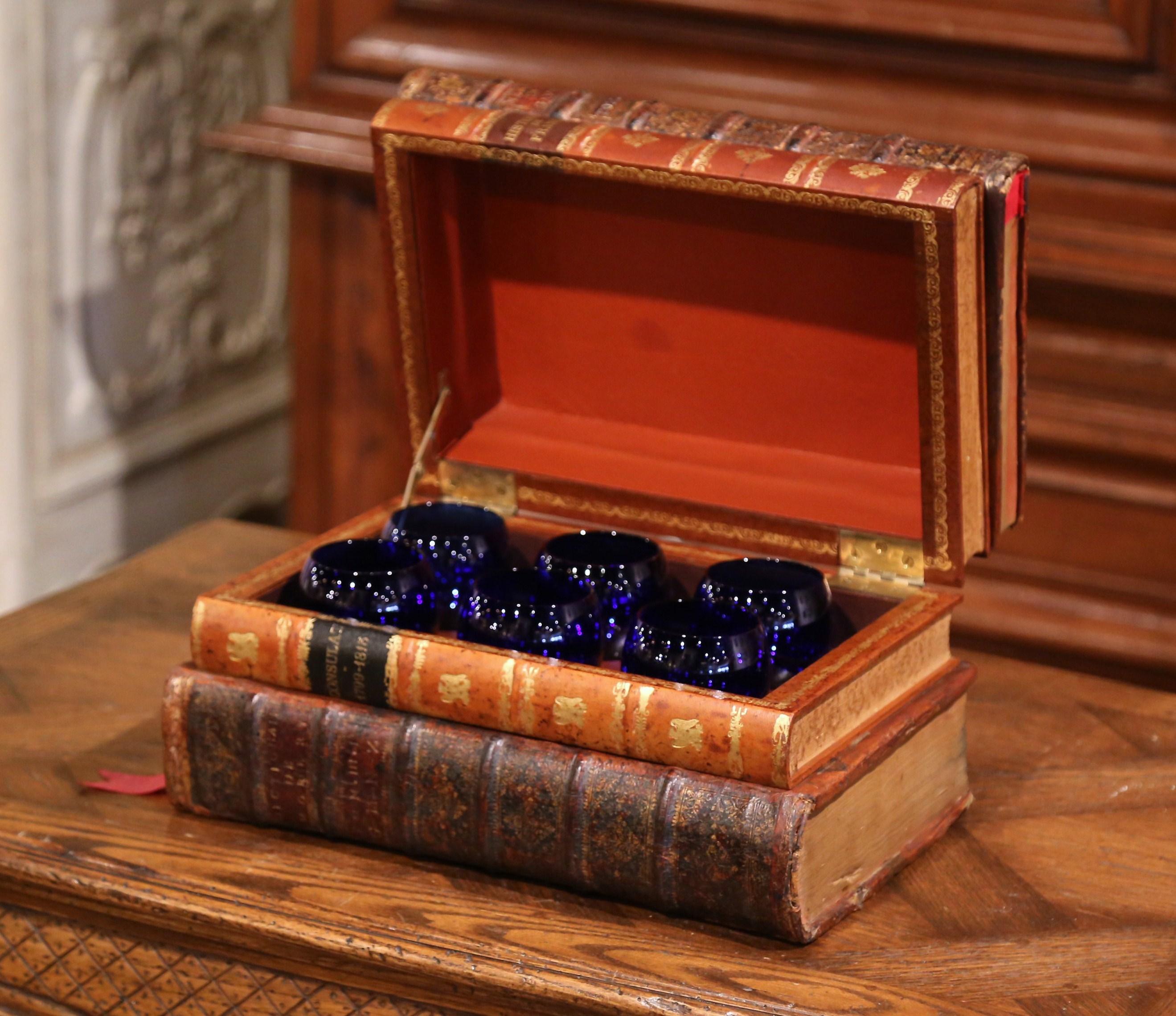 19th Century French Leatherbound Book Liquor Box with Six Cobalt Blue Tumblers 1