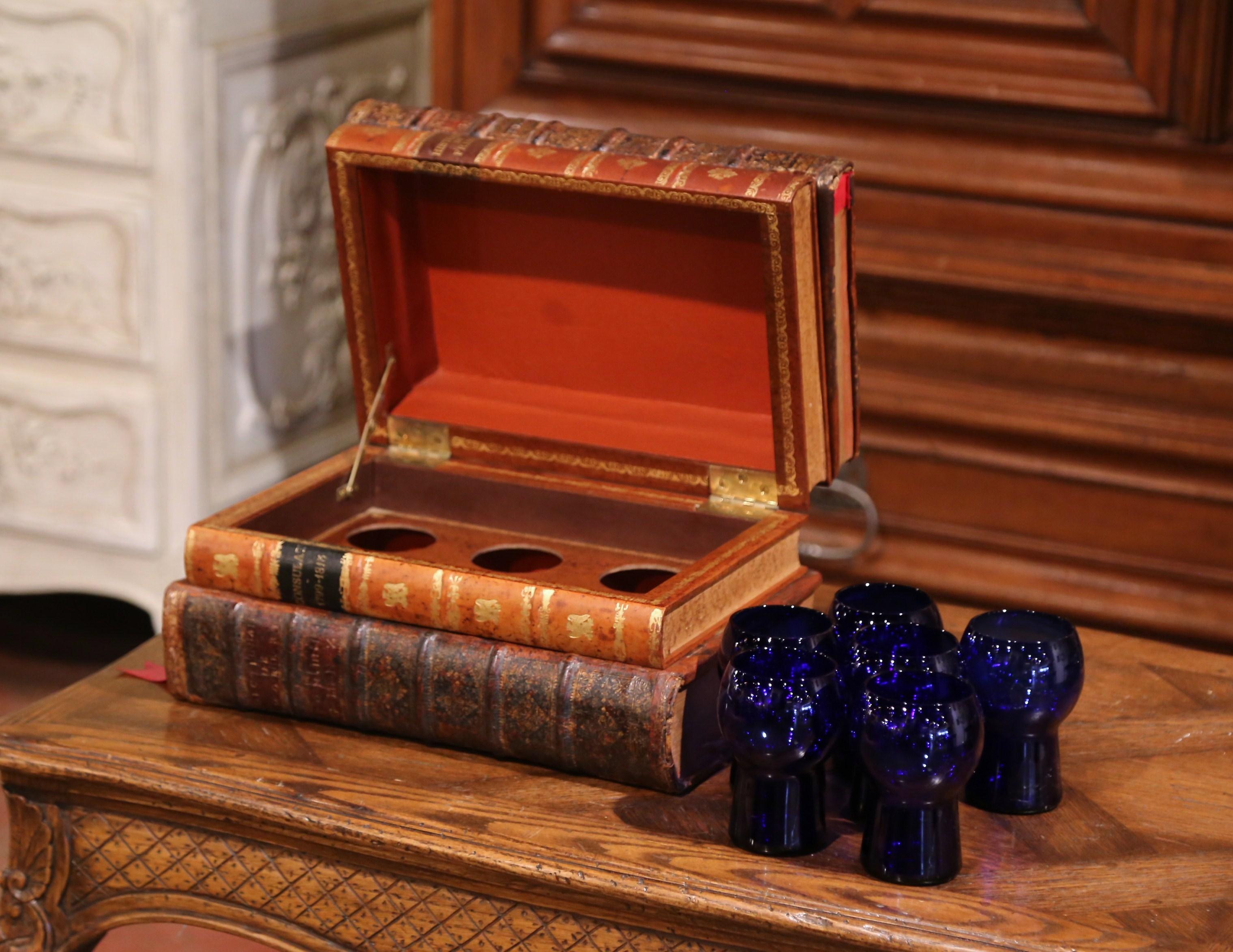 19th Century French Leatherbound Book Liquor Box with Six Cobalt Blue Tumblers 2