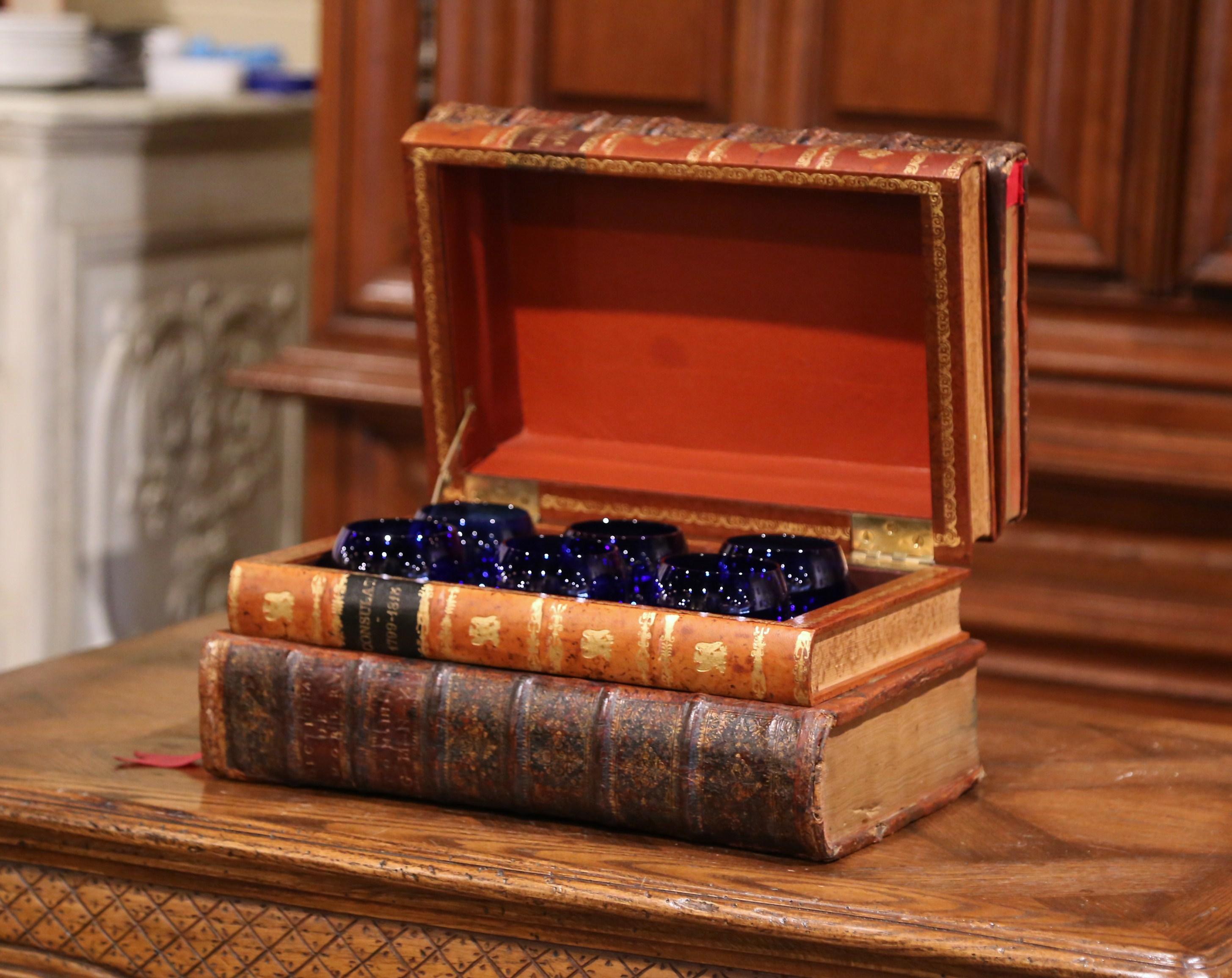 19th Century French Leatherbound Book Liquor Box with Six Cobalt Blue Tumblers 4