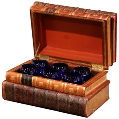 19th Century French Leatherbound Book Liquor Box with Six Cobalt Blue Tumblers