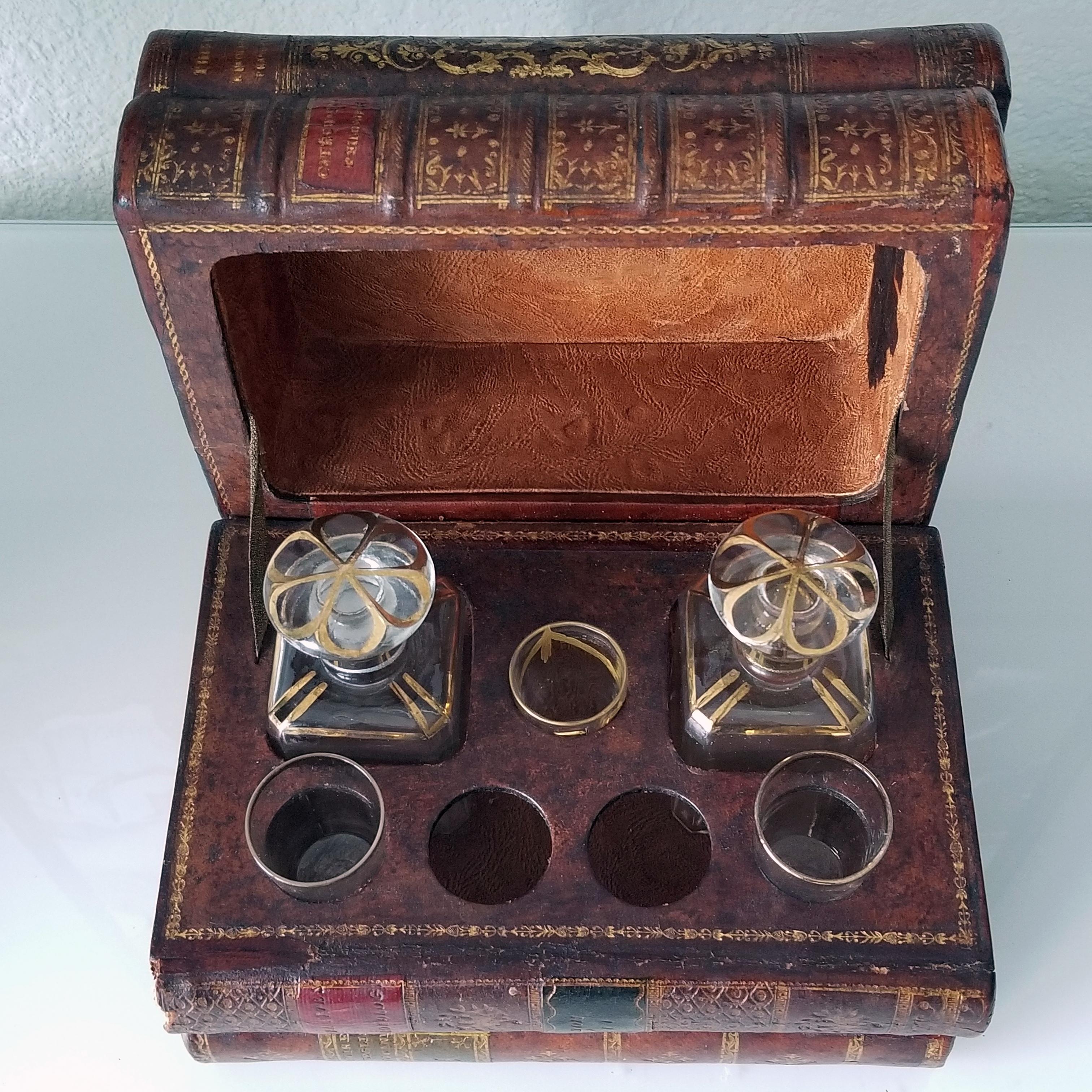 19th Century French Leatherbound Book Tantalus with Shot Glasses and Decanters For Sale 7