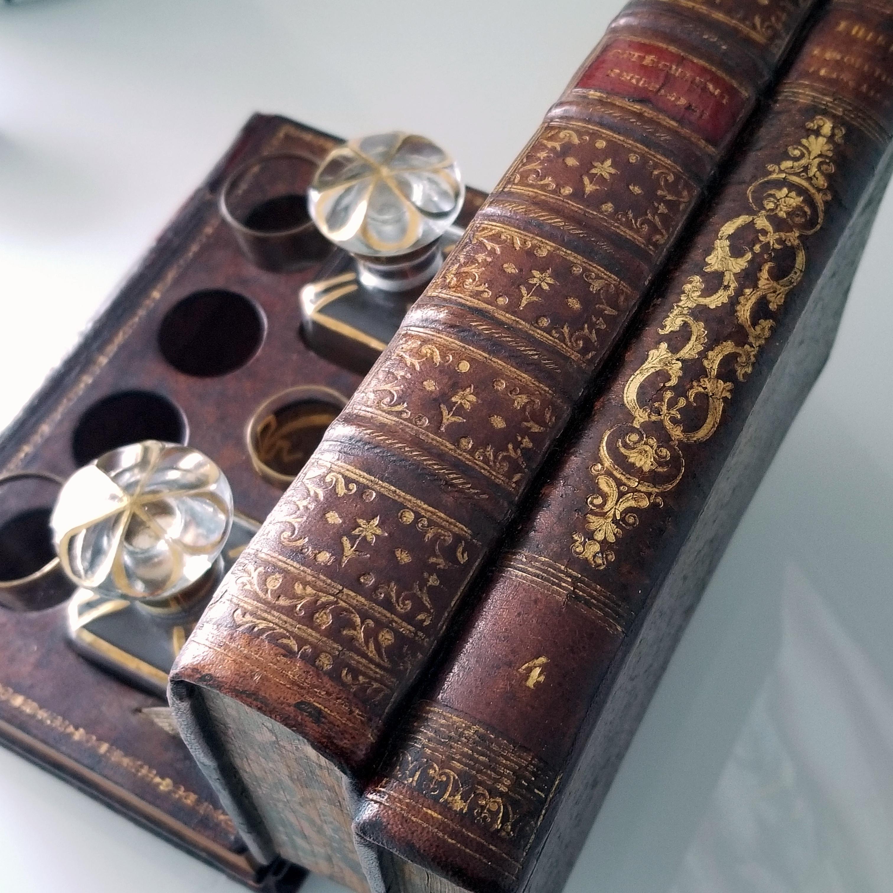 19th Century French Leatherbound Book Tantalus with Shot Glasses and Decanters For Sale 2