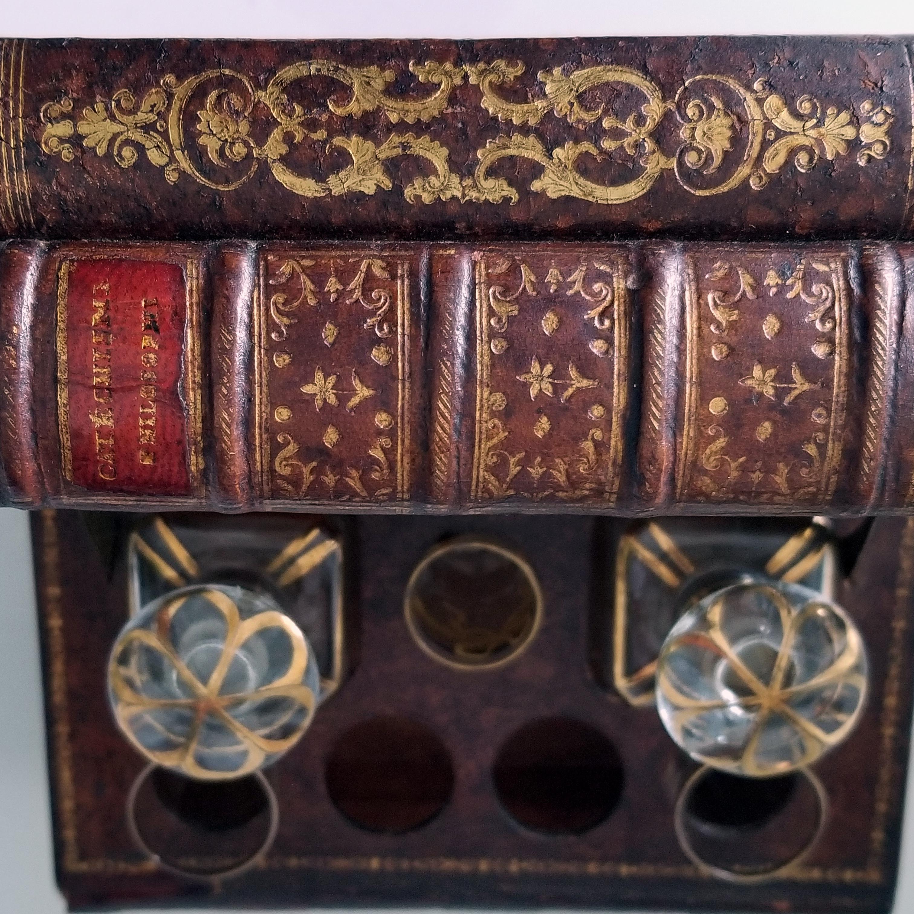 19th Century French Leatherbound Book Tantalus with Shot Glasses and Decanters For Sale 3