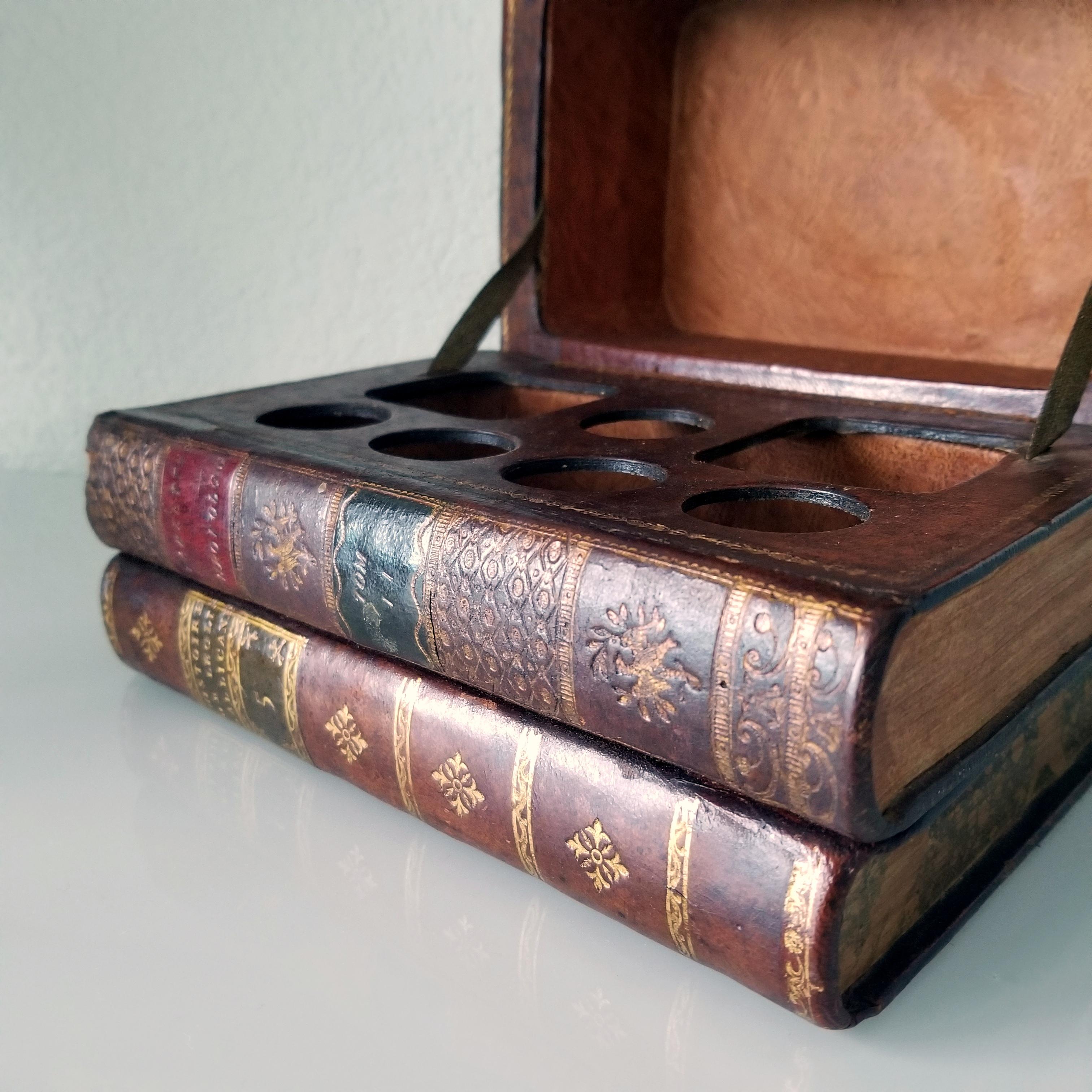 19th Century French Leatherbound Book Tantalus with Shot Glasses and Decanters For Sale 4