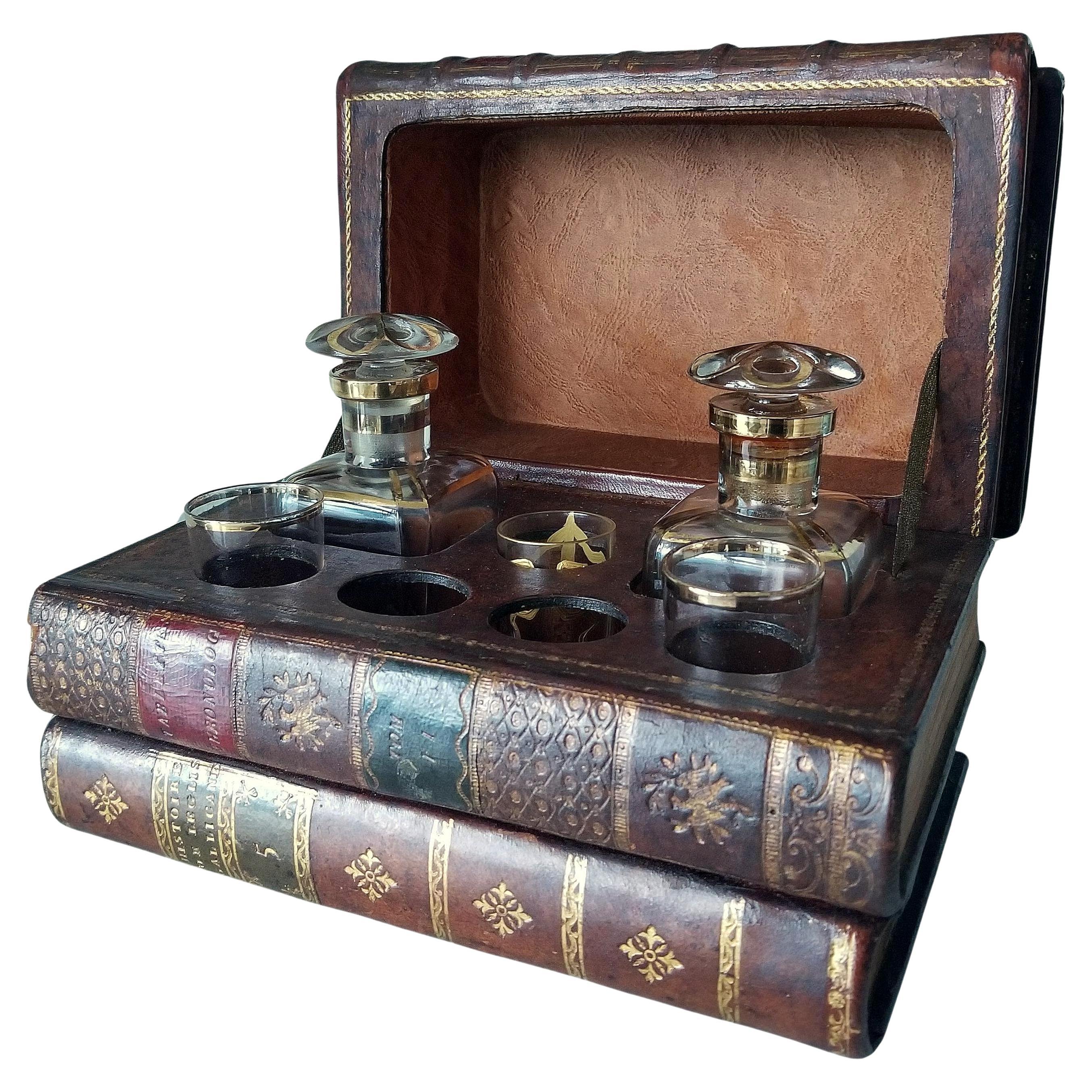 19th Century French Leatherbound Book Tantalus with Shot Glasses and Decanters For Sale