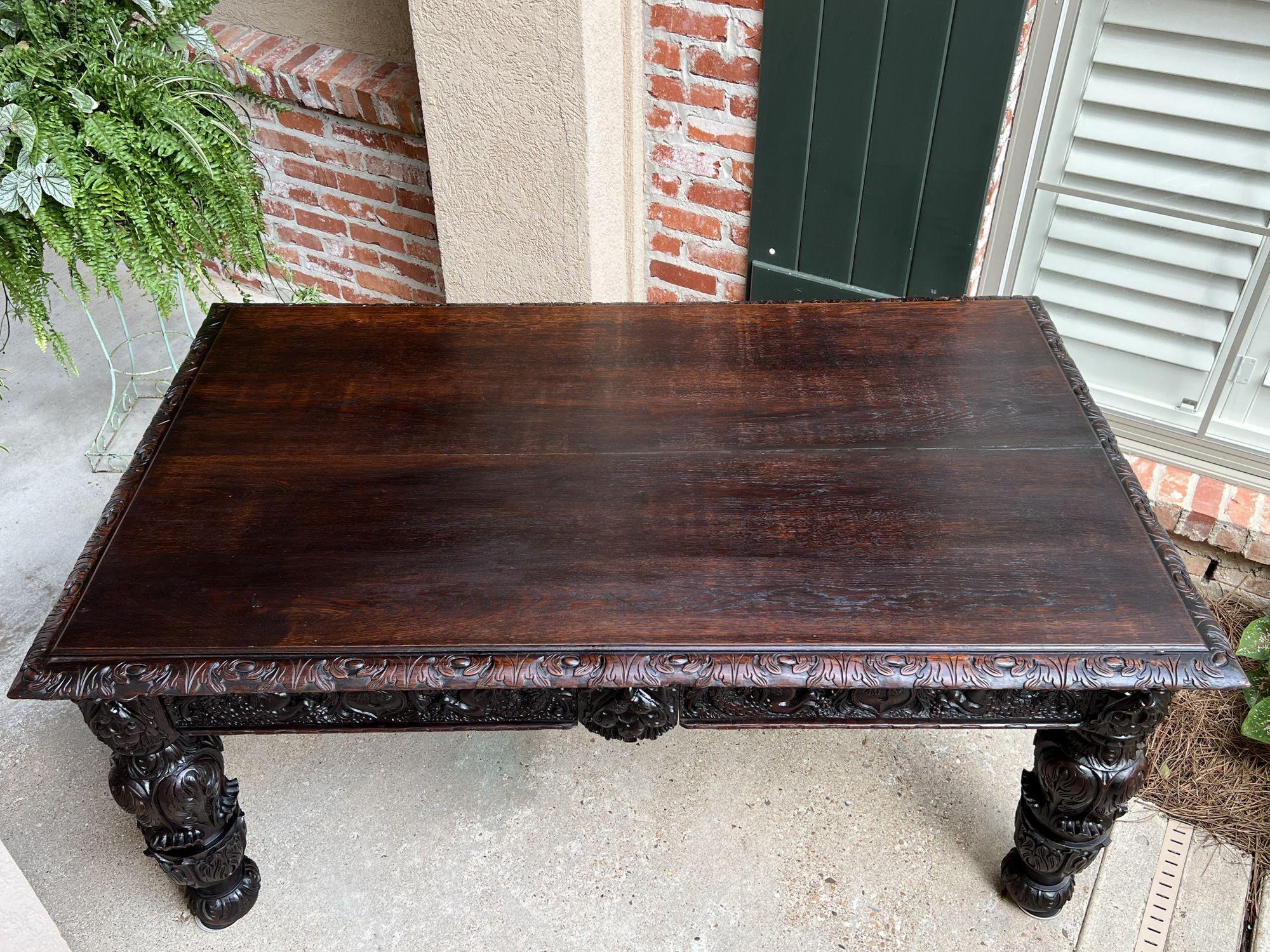 Antique French DIning Table Library Desk Renaissance Carved Oak Baroque c1880 For Sale 6