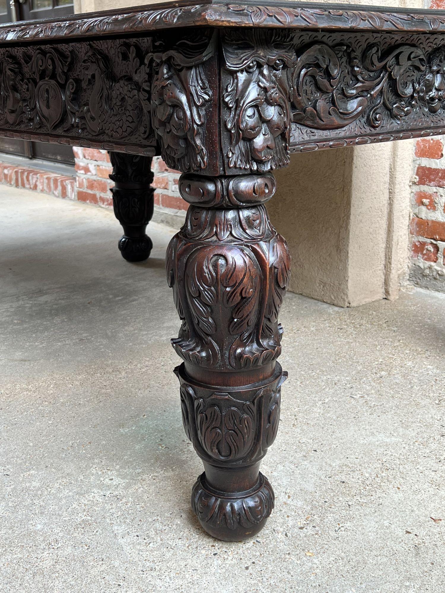 Antique French DIning Table Library Desk Renaissance Carved Oak Baroque c1880 For Sale 10