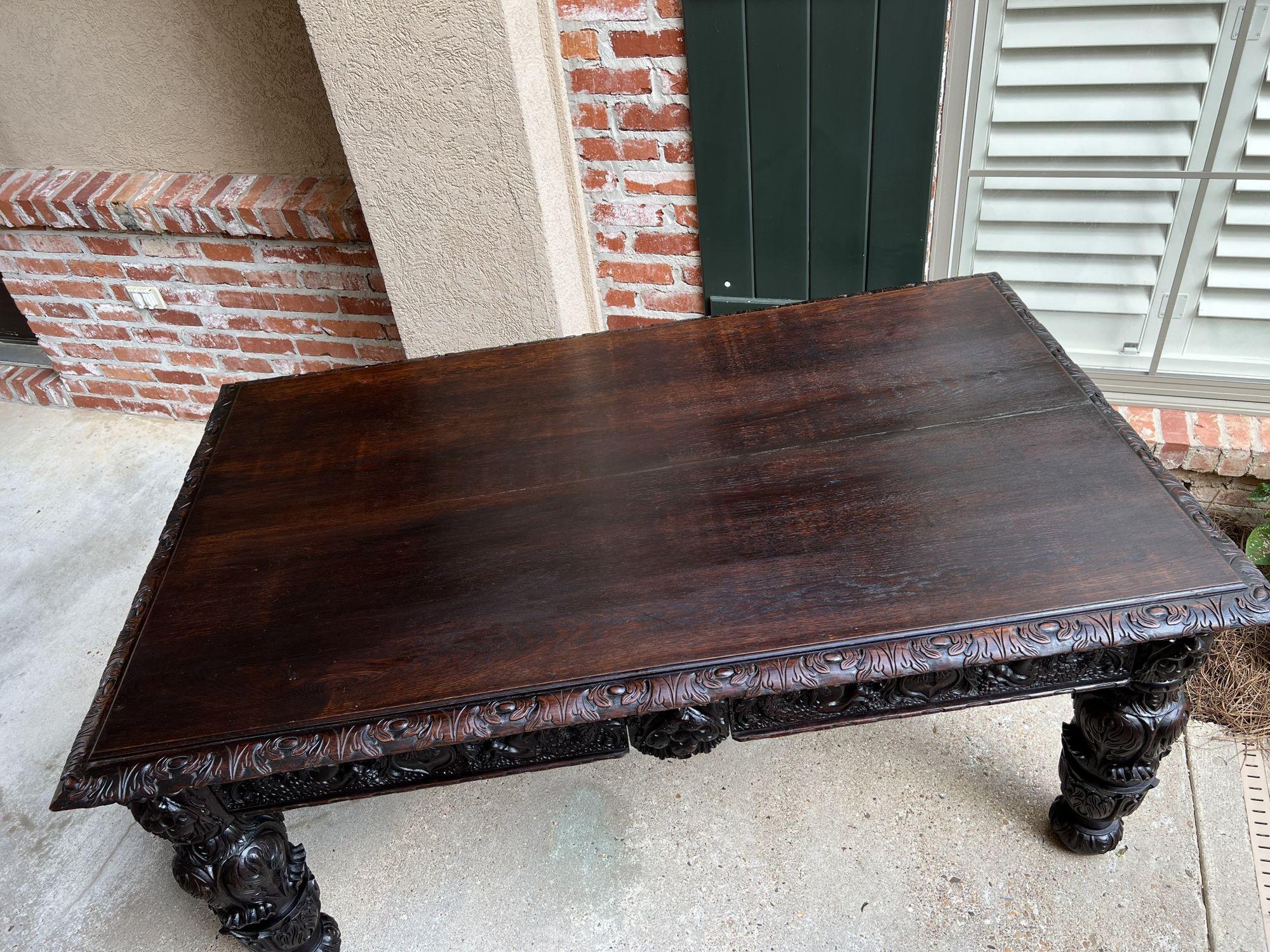 Antique French DIning Table Library Desk Renaissance Carved Oak Baroque c1880 For Sale 13