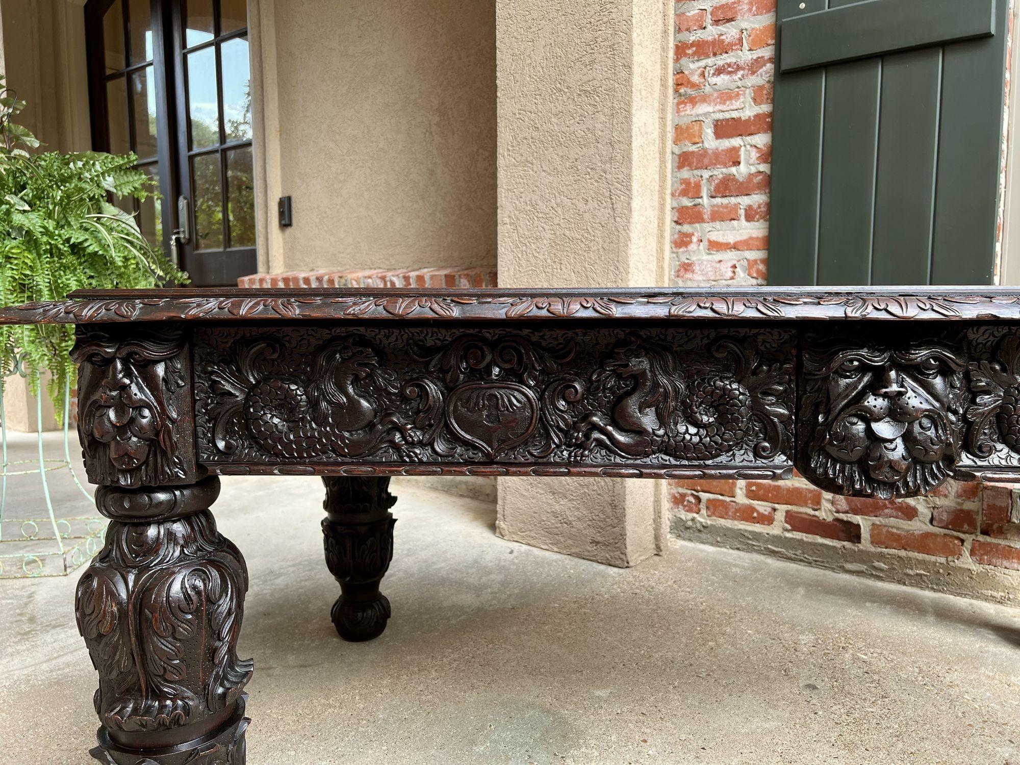Hand-Carved Antique French DIning Table Library Desk Renaissance Carved Oak Baroque c1880 For Sale