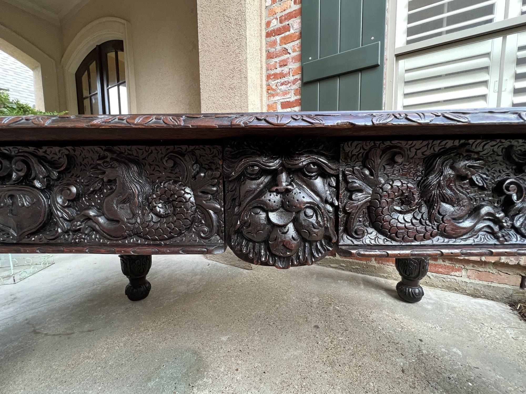 Antique French DIning Table Library Desk Renaissance Carved Oak Baroque c1880 In Good Condition For Sale In Shreveport, LA