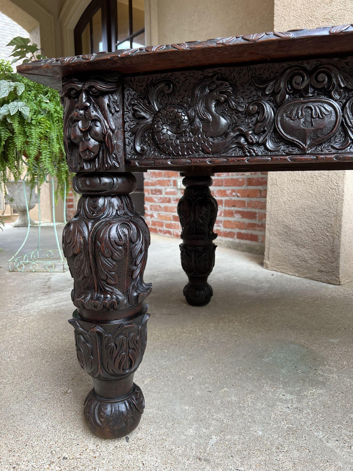 Antique French DIning Table Library Desk Renaissance Carved Oak Baroque c1880 For Sale 1