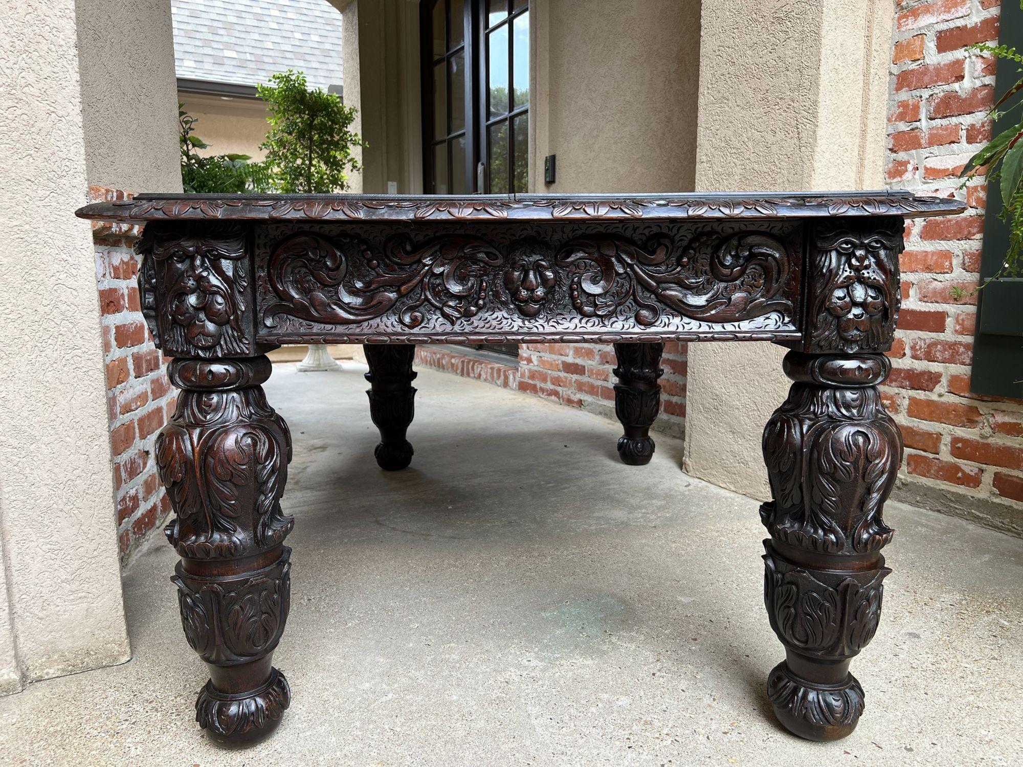 Antique French DIning Table Library Desk Renaissance Carved Oak Baroque c1880 3