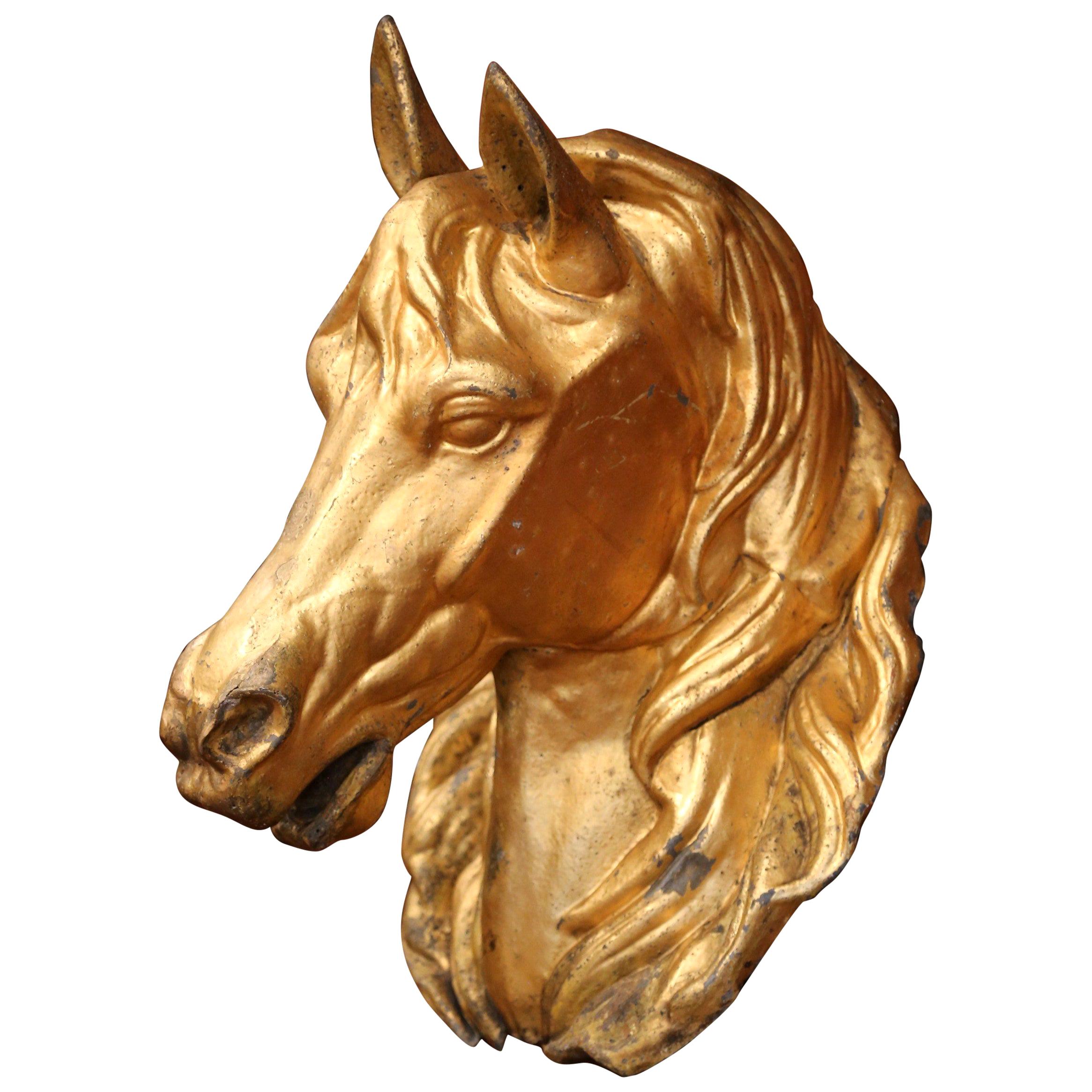 19th Century French Life-Size Tole Horse Head Sculpture and Original Gilt Finish
