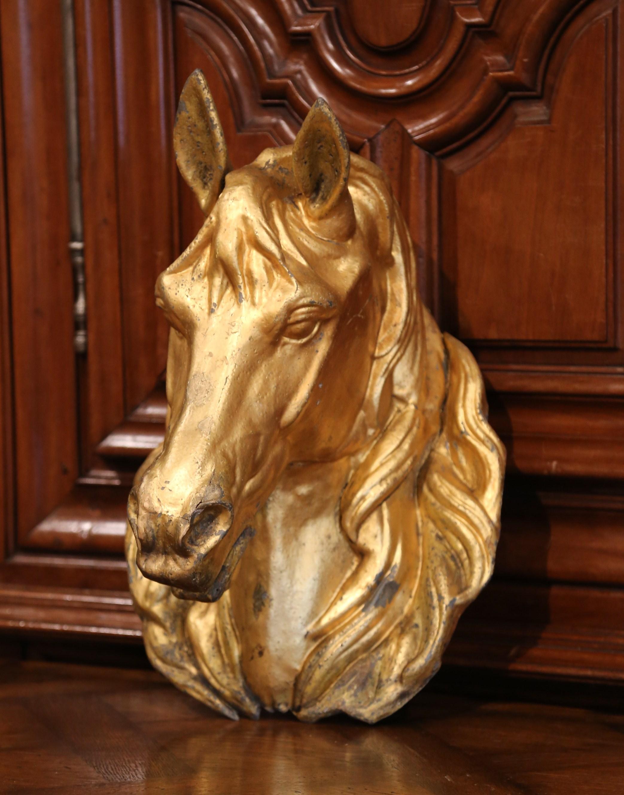 Decorate a kitchen wall with this antique horse head from a butcher shop. Crafted in Normandy, France, circa 1870, and made of tole metal, the life-size equine sculpture has exquisite details including on the nose and hair; it is in very good