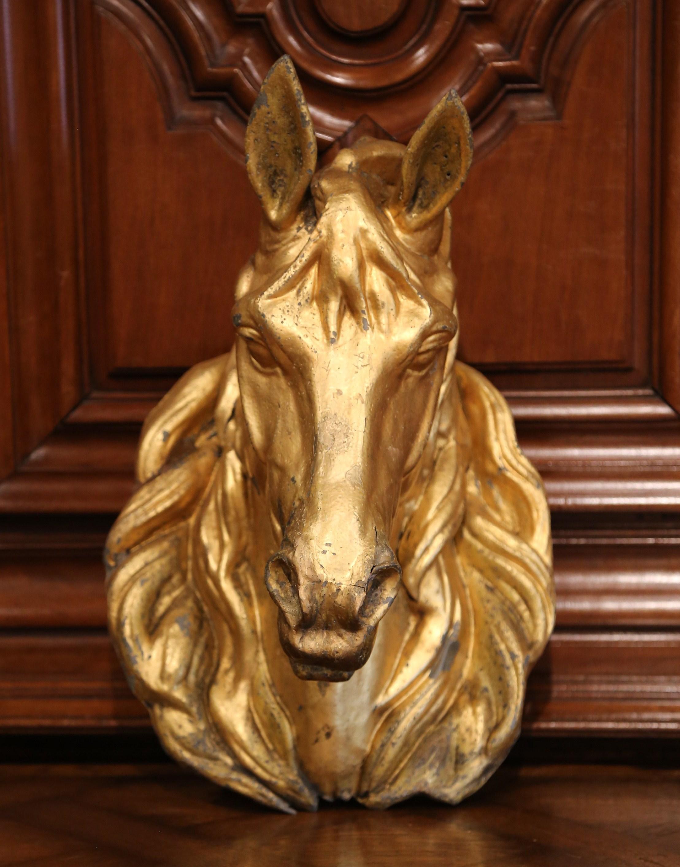 19th Century French Life-Size Tole Horse Head Sculpture and Original Gilt Finish In Good Condition In Dallas, TX