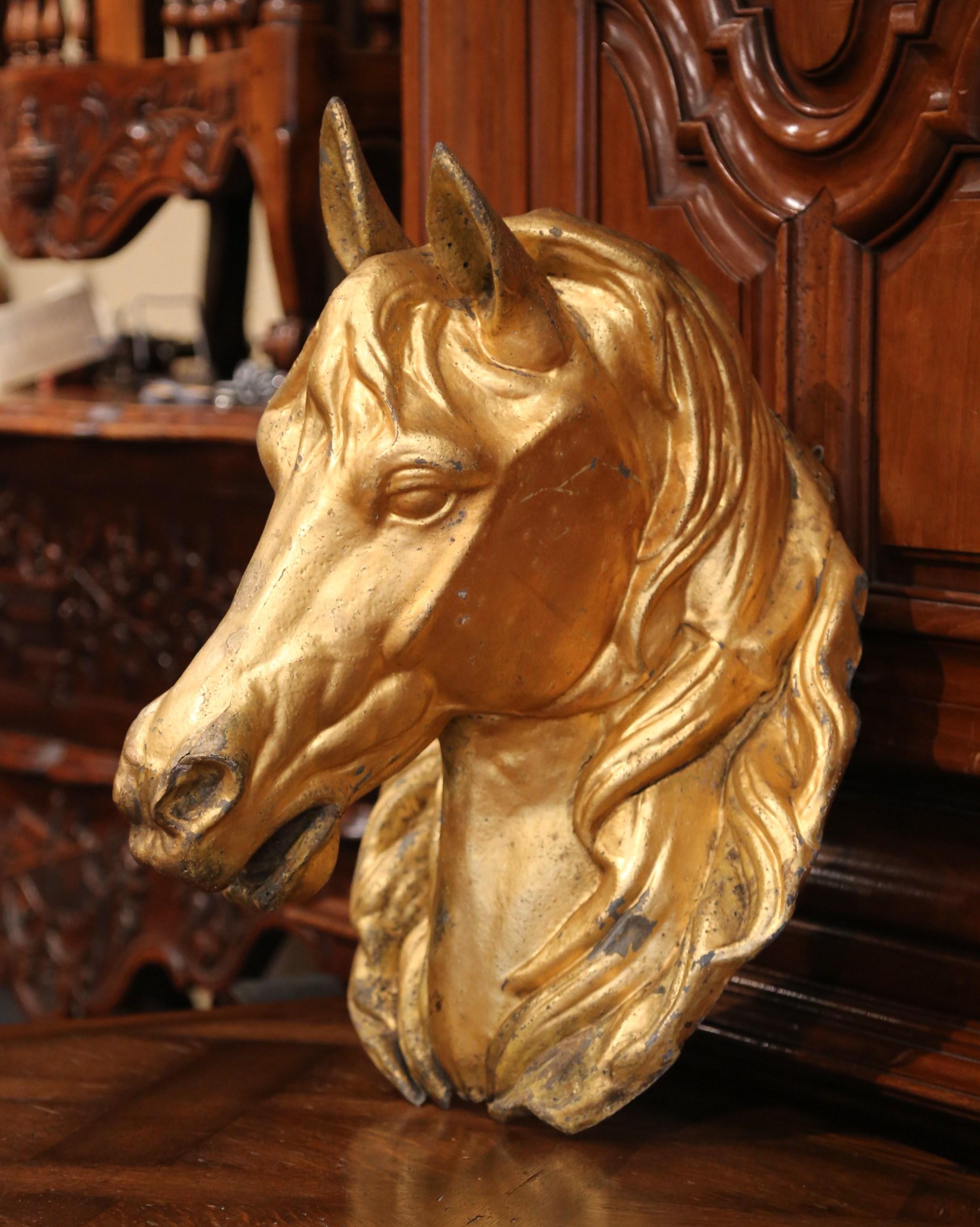 Tôle 19th Century French Life-Size Tole Horse Head Sculpture and Original Gilt Finish