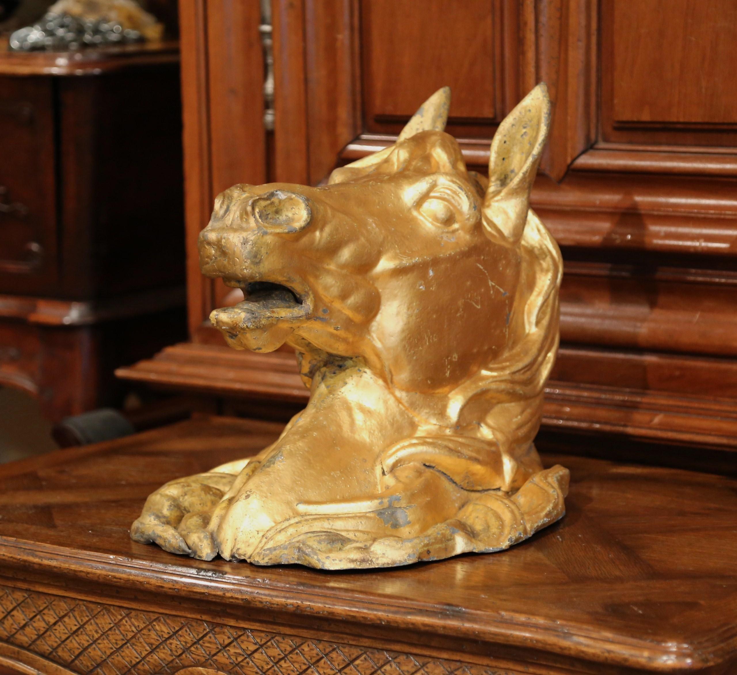 19th Century French Life-Size Tole Horse Head Sculpture and Original Gilt Finish 1