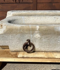 19th Century French Limestone Trough Basin with Iron Horse Tie Rings, Burgundy