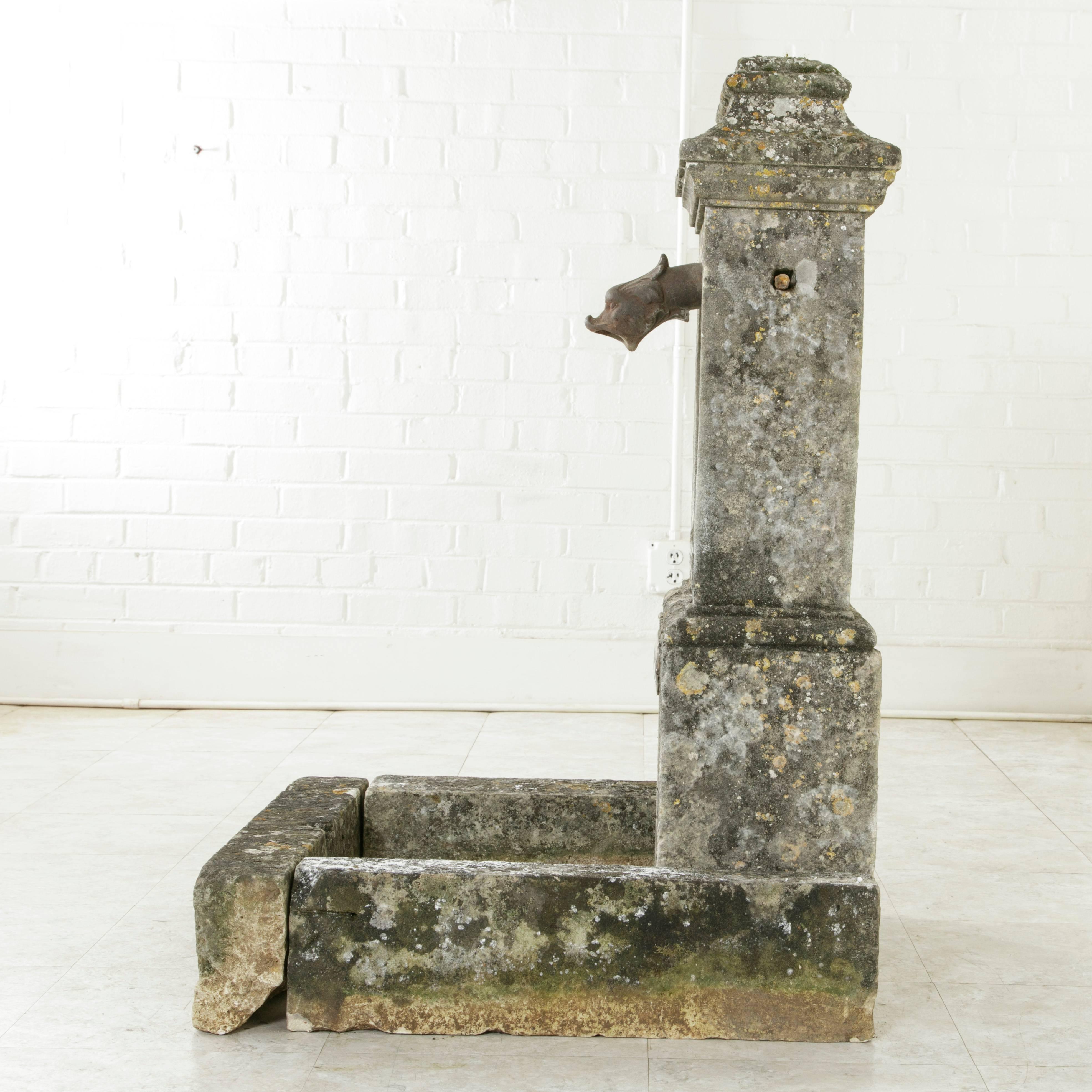 19th Century French Limestone Village Fountain with Iron Spout and Grate 1