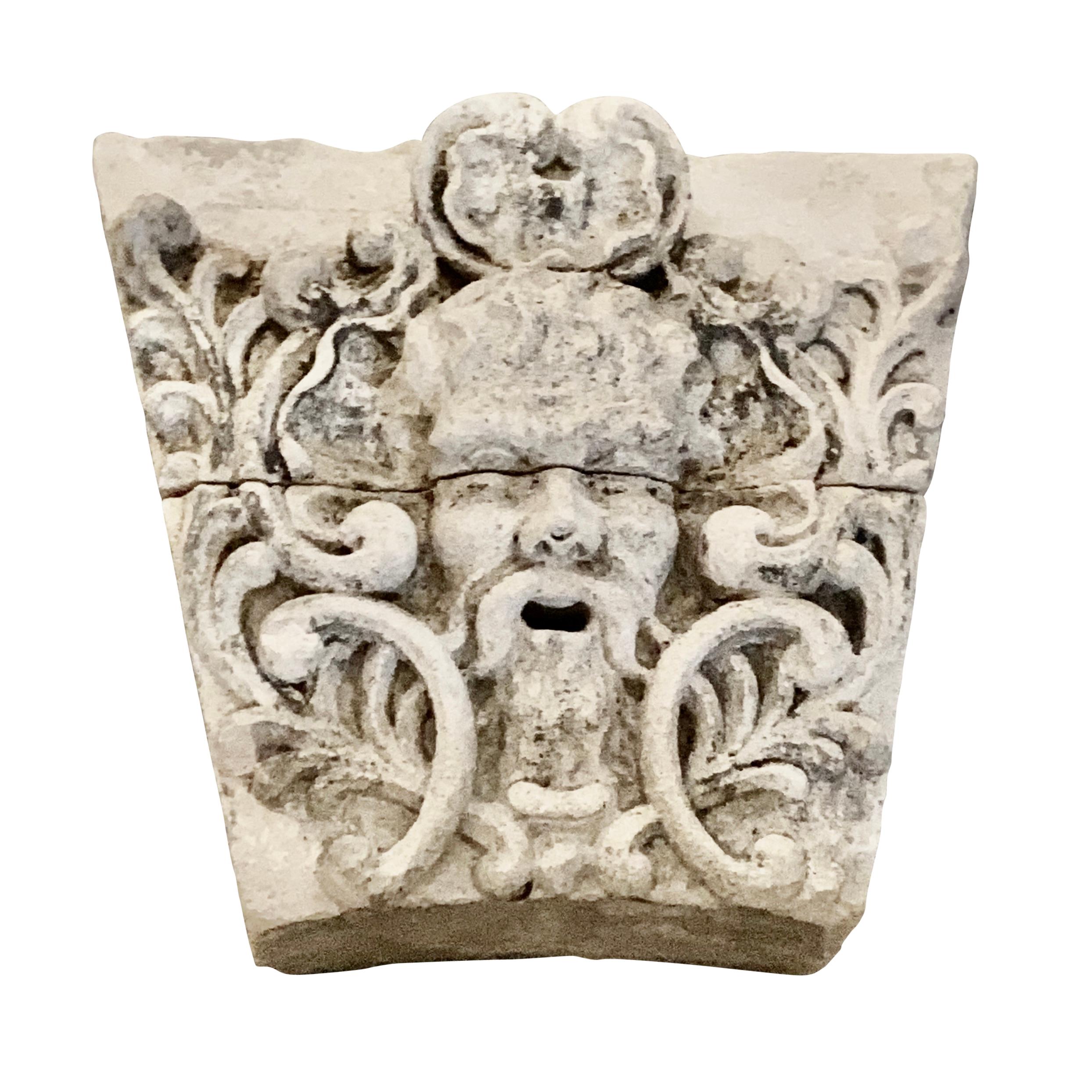 One of a kind French wall fountain in limestone. Typical LXIV style of the 19th century. 
Amazing and grand fountain for a bespoke luxury lifestyle design.
The head stone measures:
70 cm wide max 27.56 Inch
62 cm height 24.41 Inch
The basin
