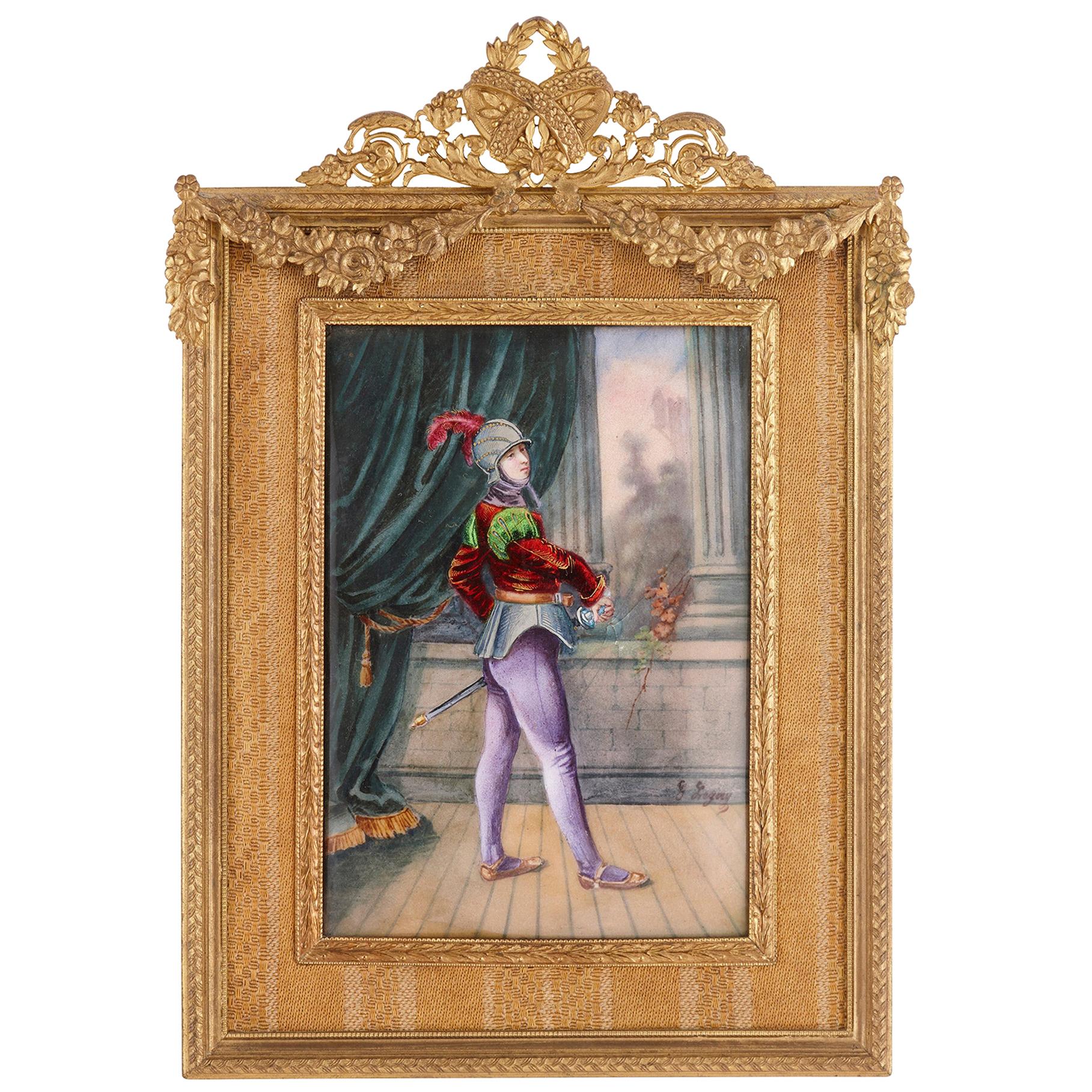 19th Century French Limoges Enamel Plaque in Gilt Bronze Frame For Sale