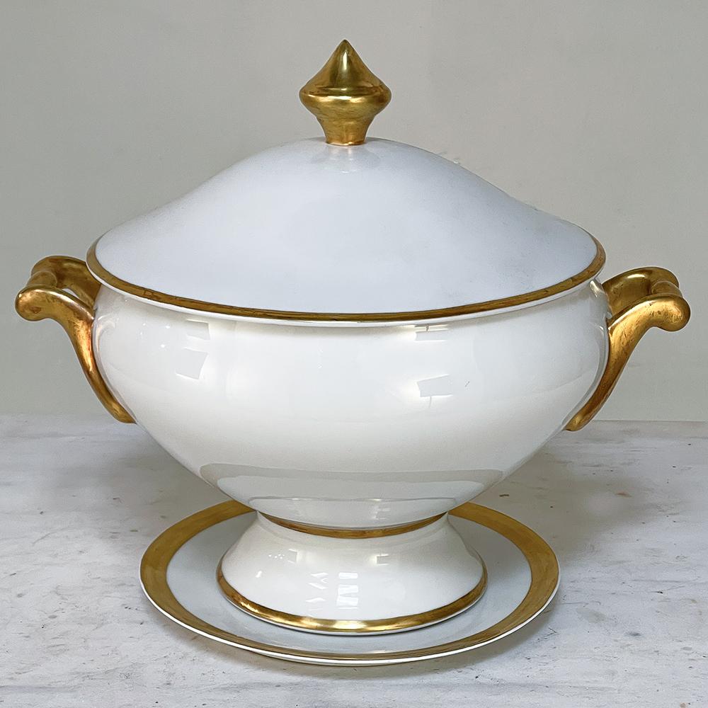 Neoclassical 19th Century French Limoges Hand-Painted Covered Tureen with Platter For Sale