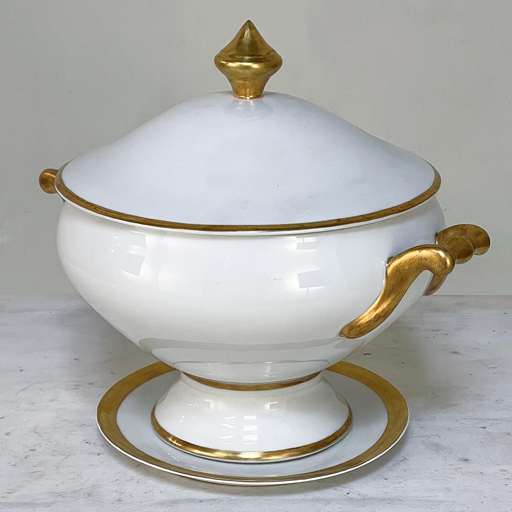 19th Century French Limoges Hand-Painted Covered Tureen with Platter In Good Condition For Sale In Dallas, TX