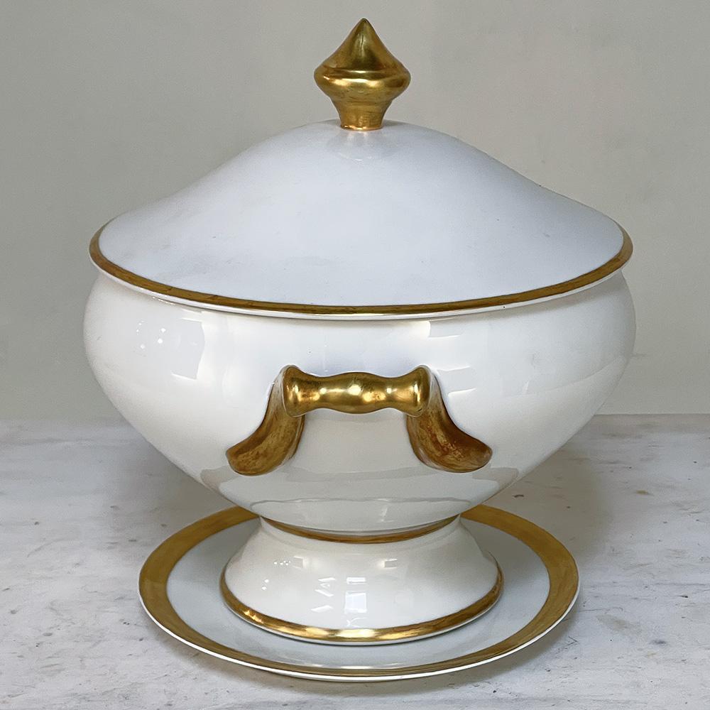 Porcelain 19th Century French Limoges Hand-Painted Covered Tureen with Platter For Sale