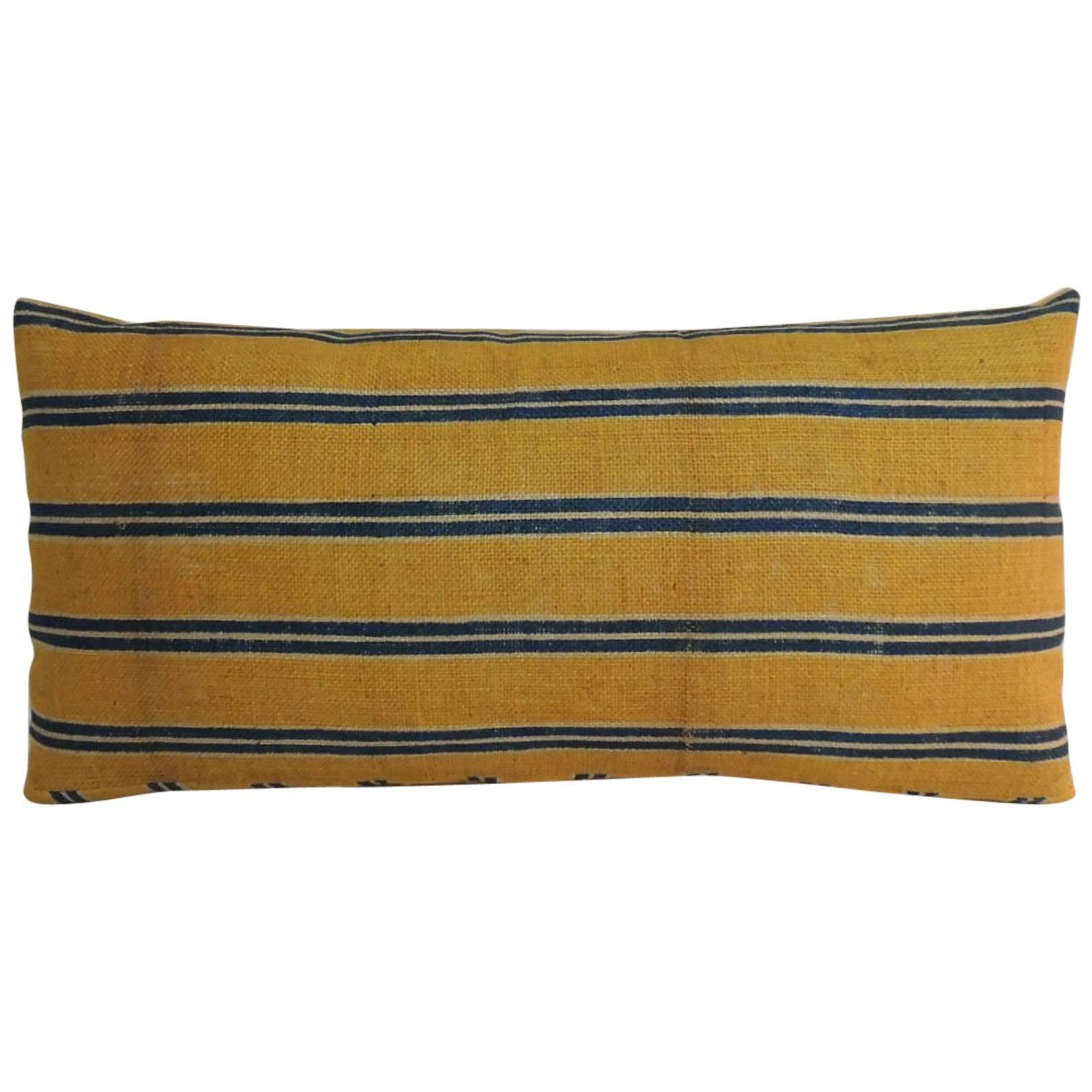 19th Century French Linen Stripes Yellow and Blue Long Bolster Decorative Pillow