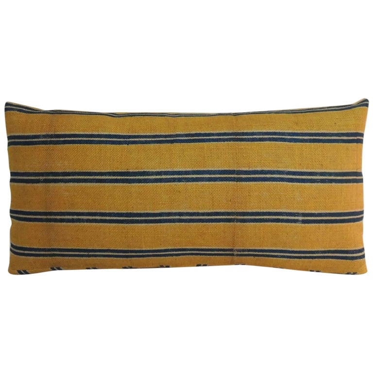19th Century French Linen Stripes Yellow And Blue Long Bolster