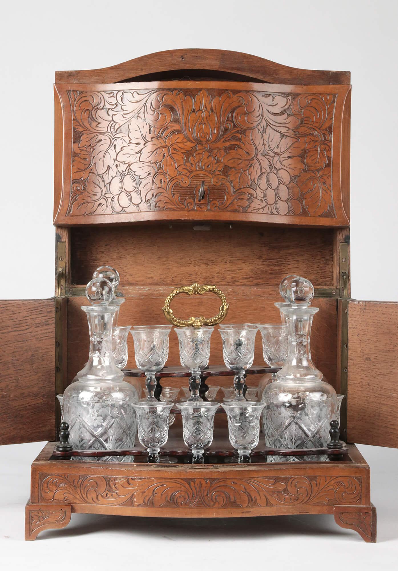 Belle Époque 19th Century French Liquor Chest with Crystal Glasses and Decanters