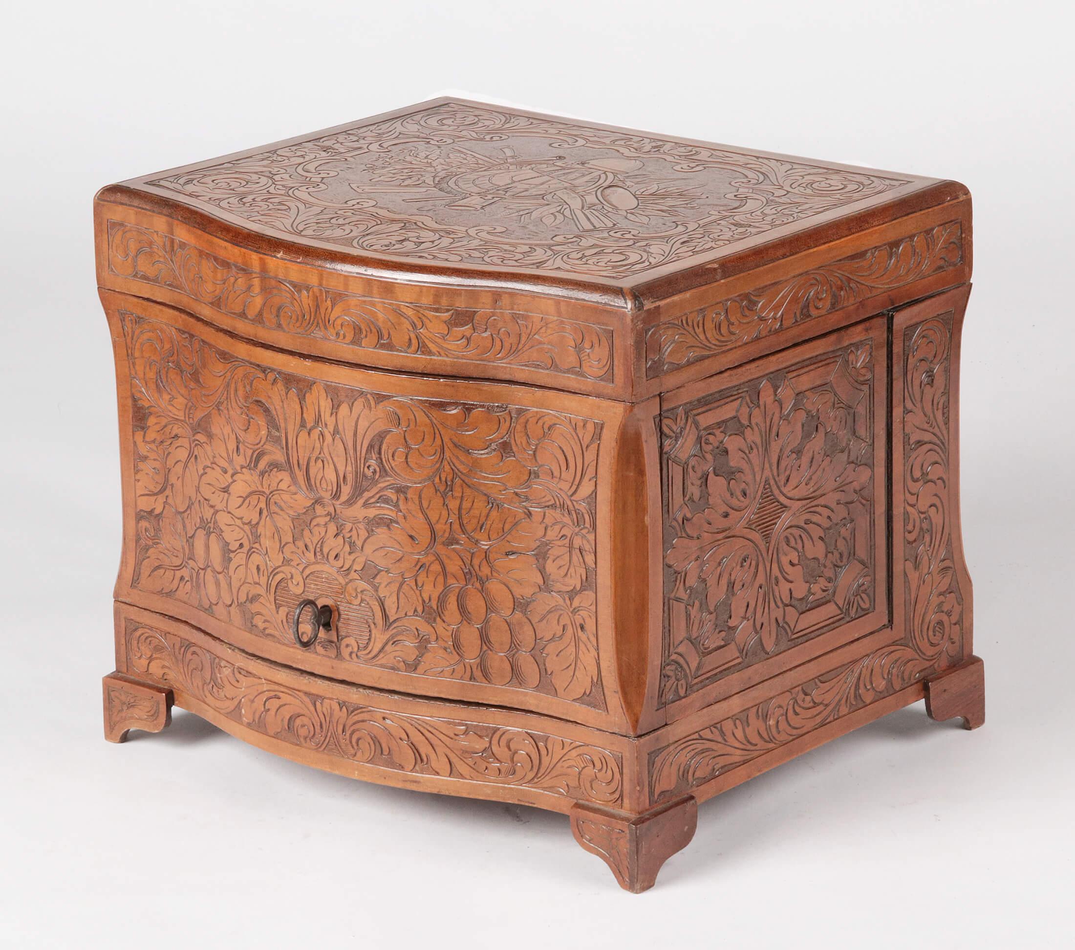 Hand-Carved 19th Century French Liquor Chest with Crystal Glasses and Decanters